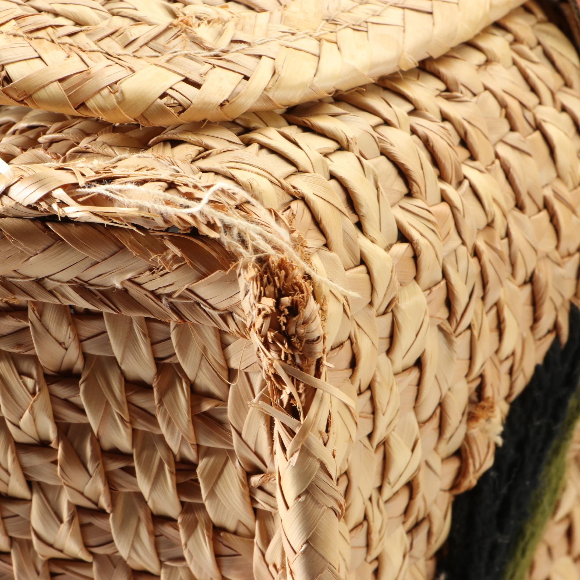 Woven Straw Embroidered Tote Bags with Leather Trim