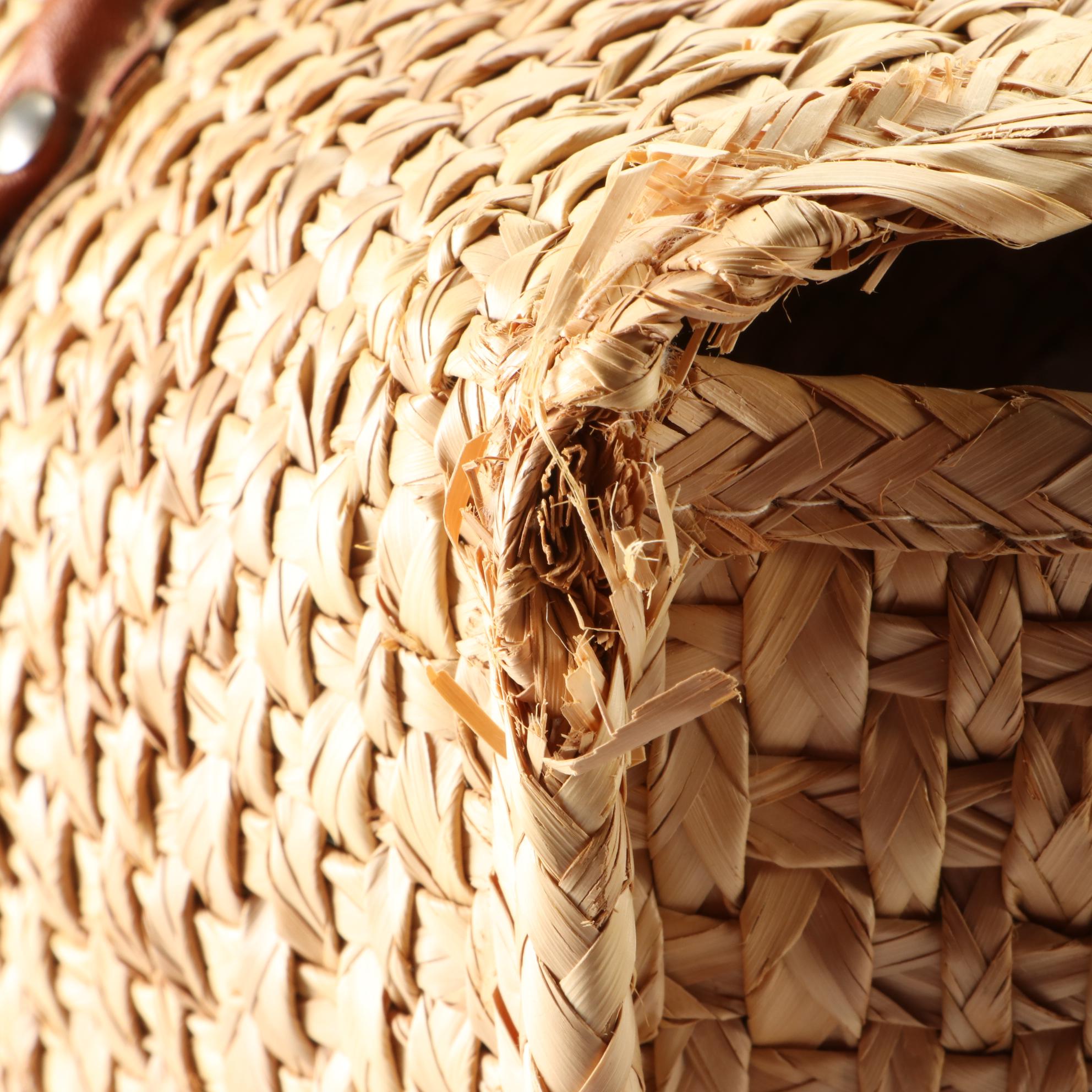 Woven Straw Embroidered Tote Bags with Leather Trim