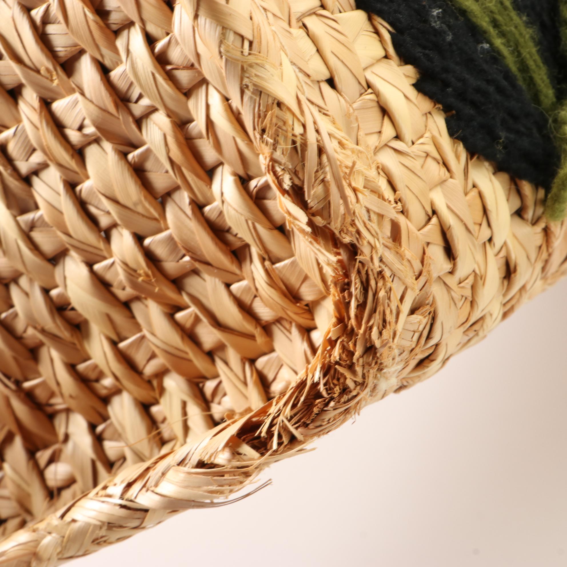 Woven Straw Embroidered Tote Bags with Leather Trim