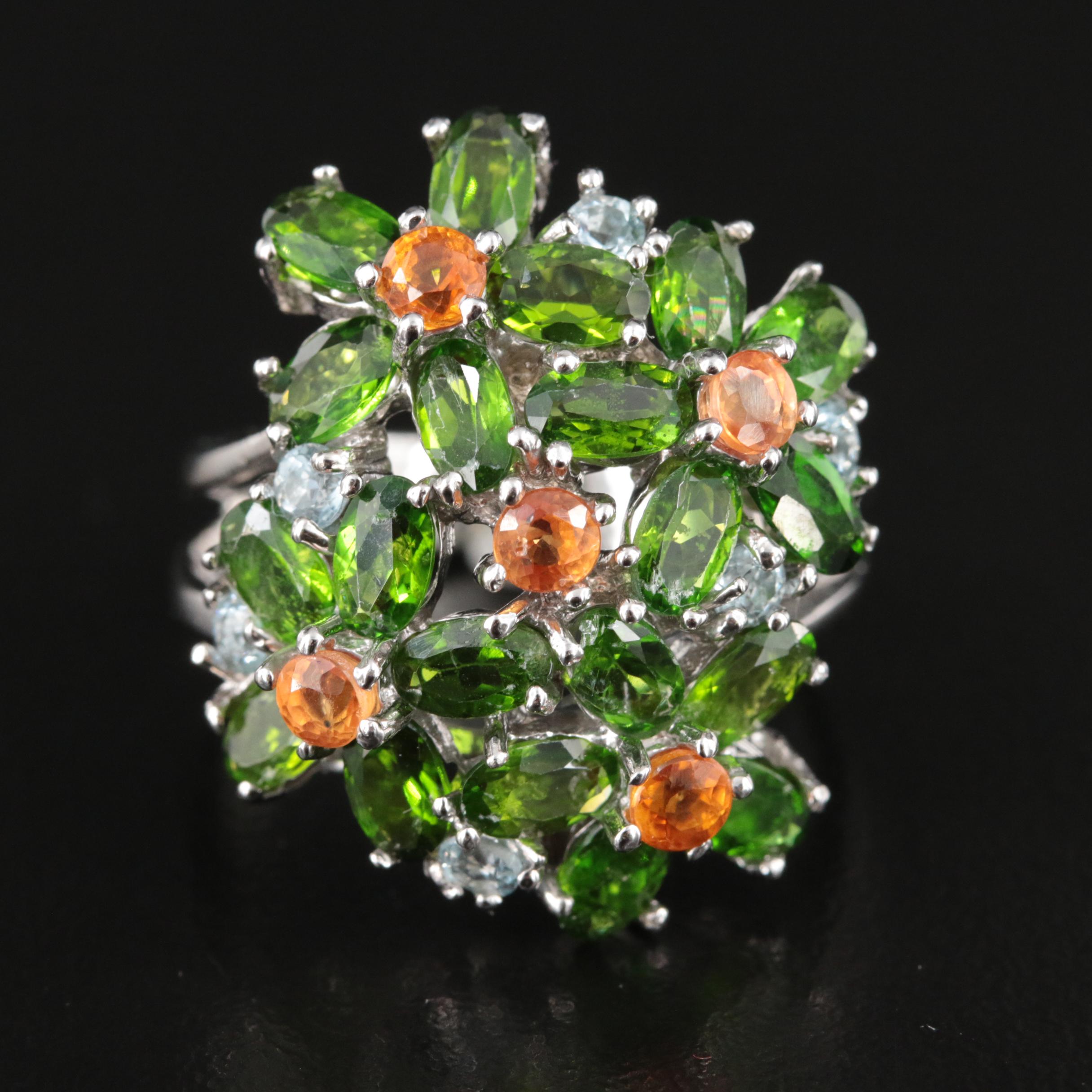 Sterling Diopside, Sapphire and  Aquamarine Floral Ring