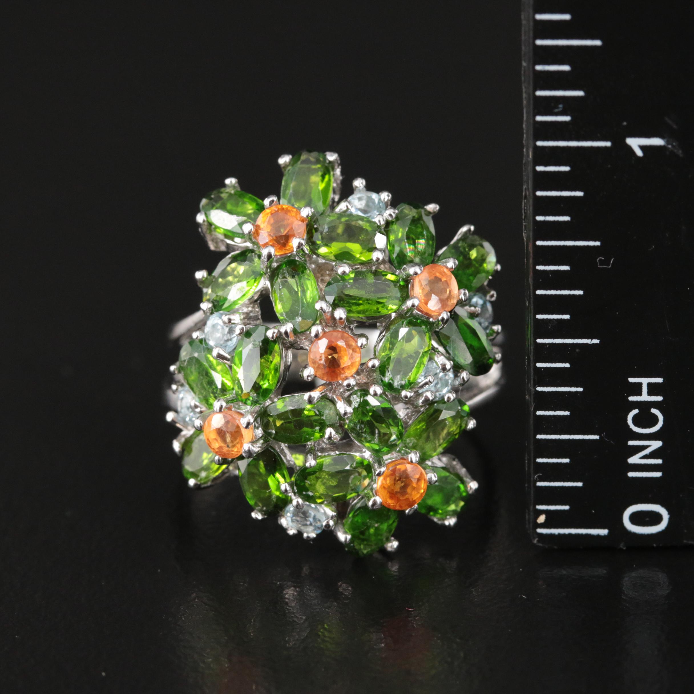Sterling Diopside, Sapphire and  Aquamarine Floral Ring