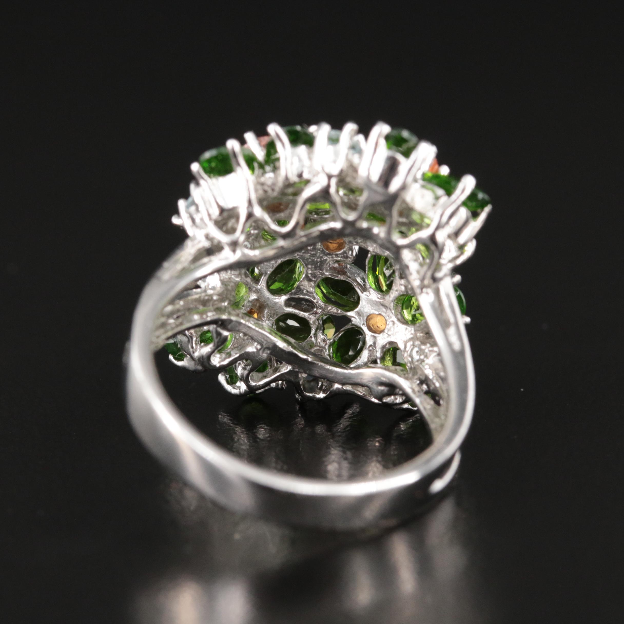 Sterling Diopside, Sapphire and  Aquamarine Floral Ring