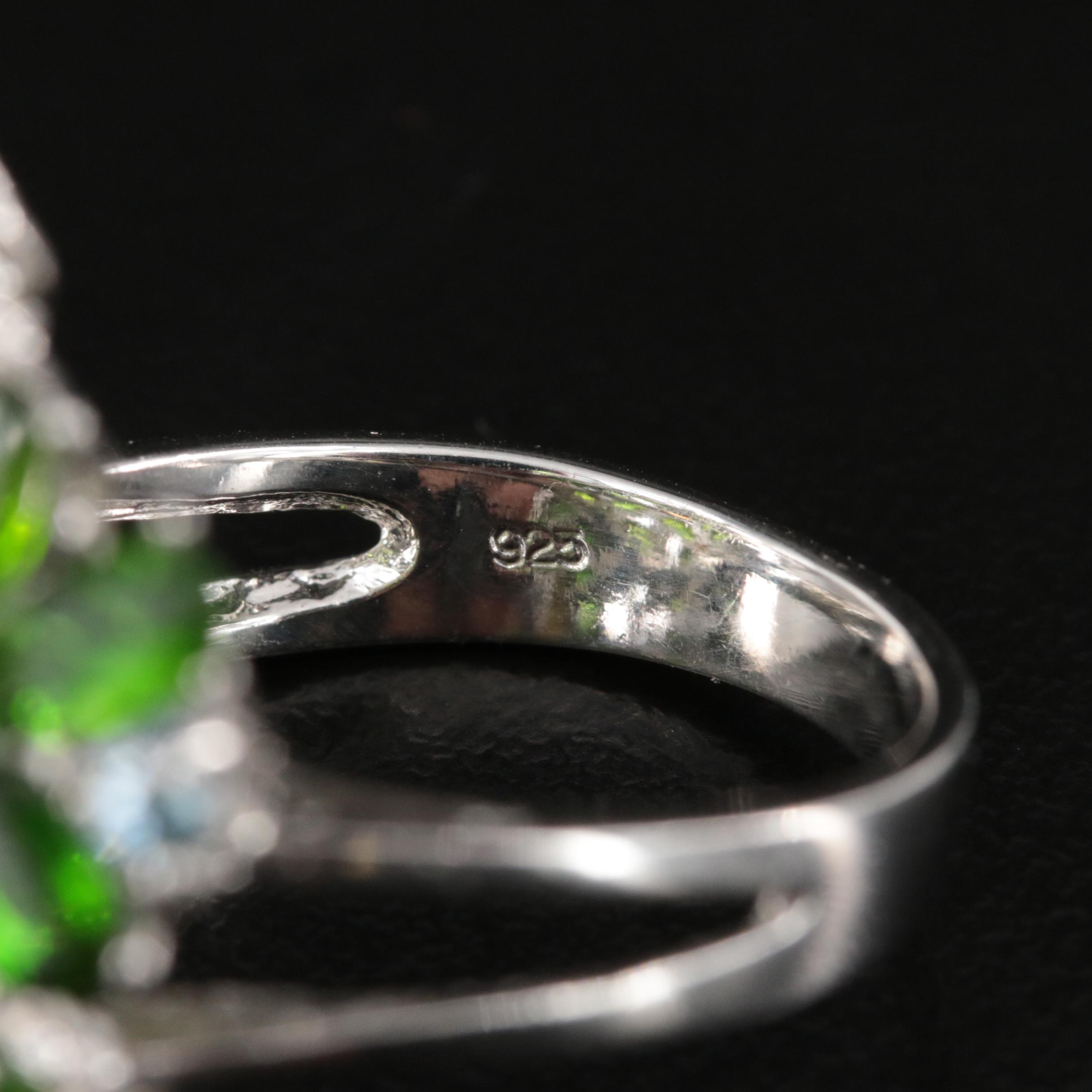 Sterling Diopside, Sapphire and  Aquamarine Floral Ring