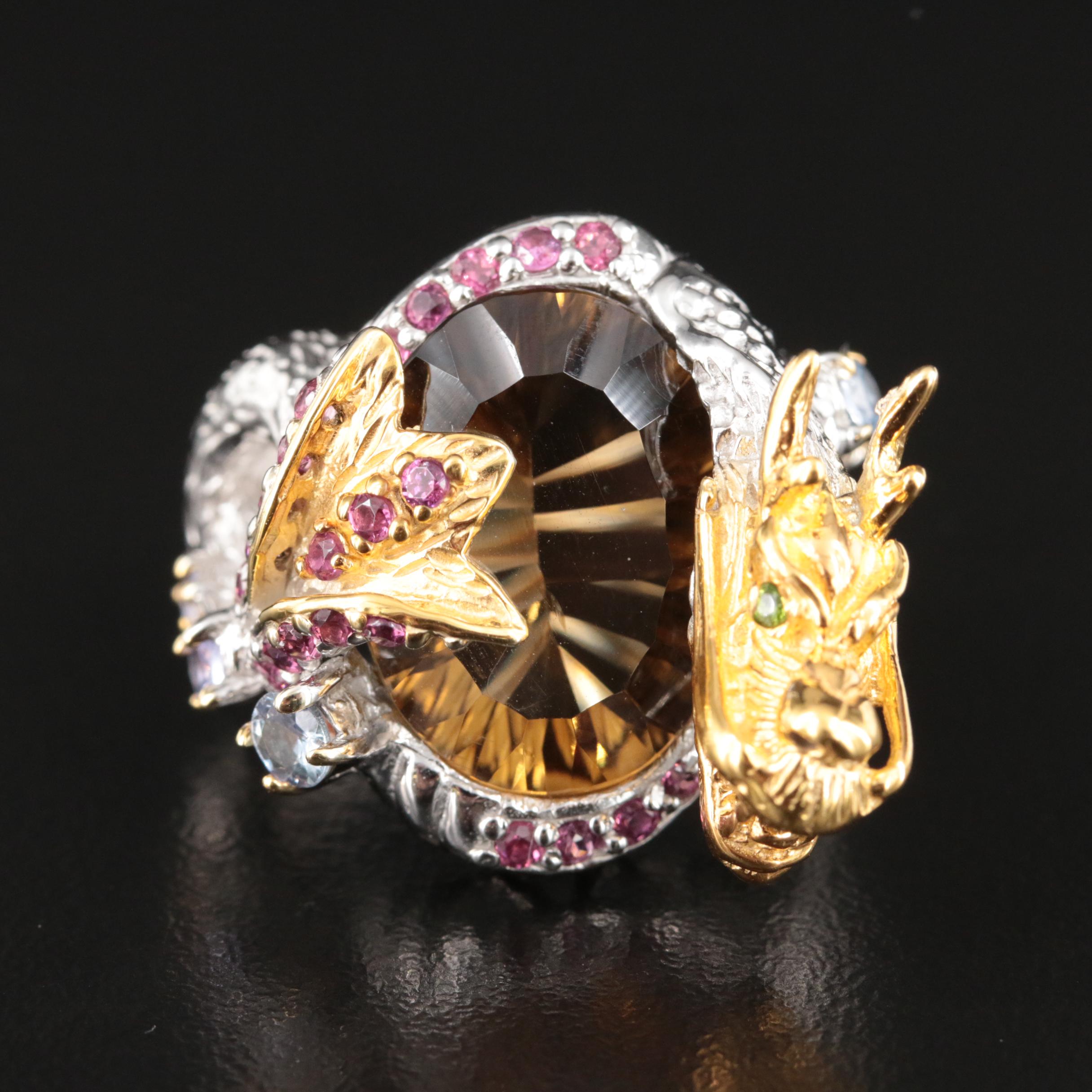 Sterling Citrine, Garnet and Tanzanite Dragon Ring