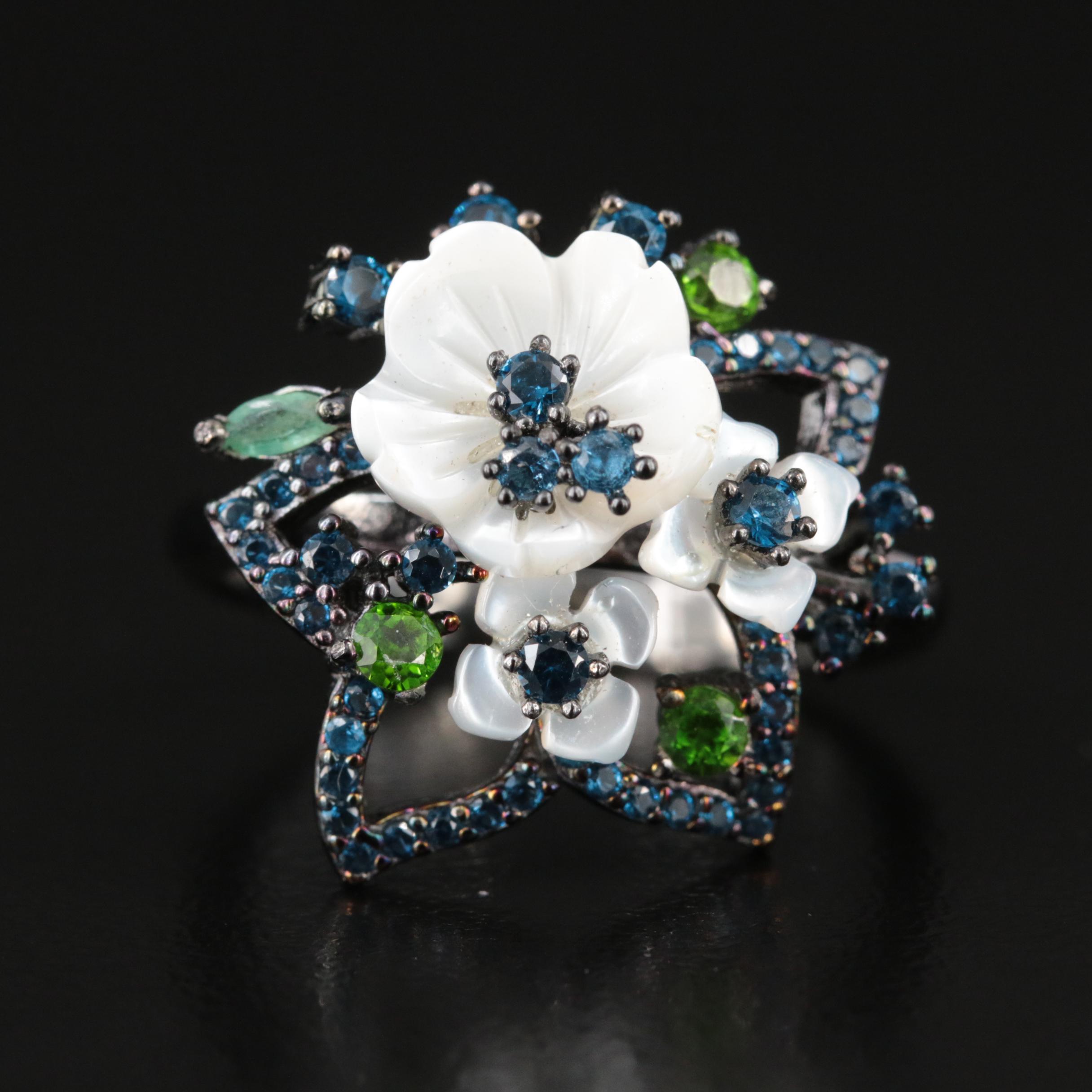 Sterling Mother-of-Pearl, Diopside and Glass Floral Ring