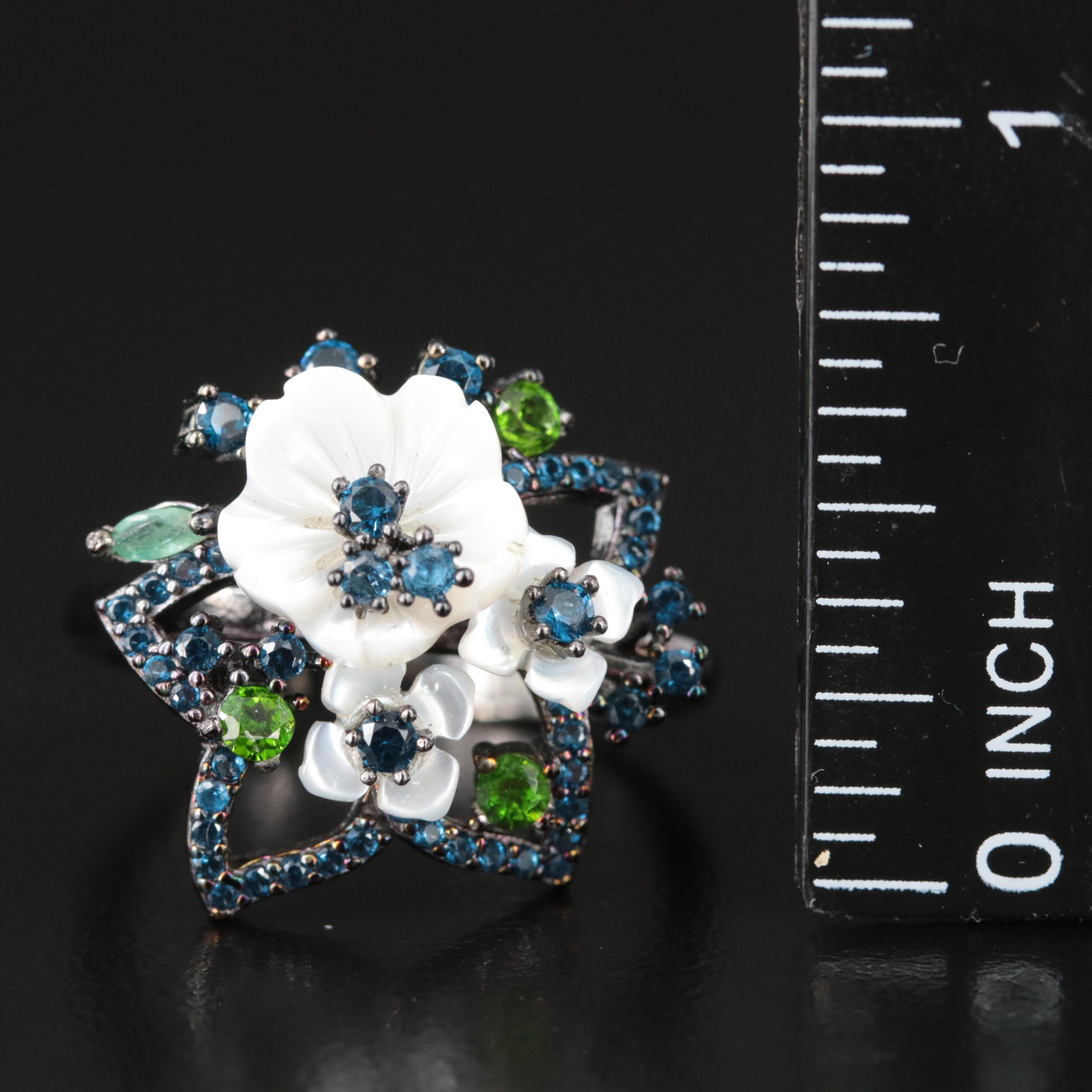 Sterling Mother-of-Pearl, Diopside and Glass Floral Ring