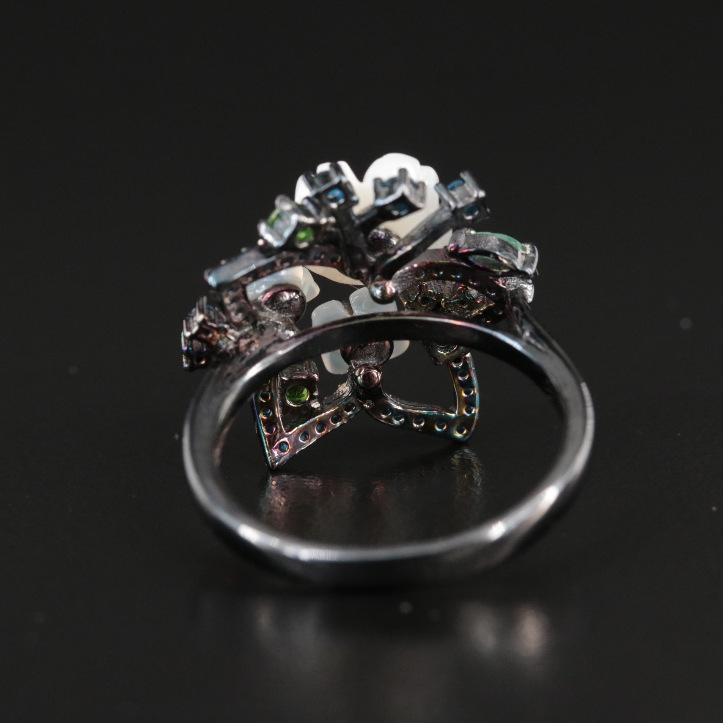 Sterling Mother-of-Pearl, Diopside and Glass Floral Ring