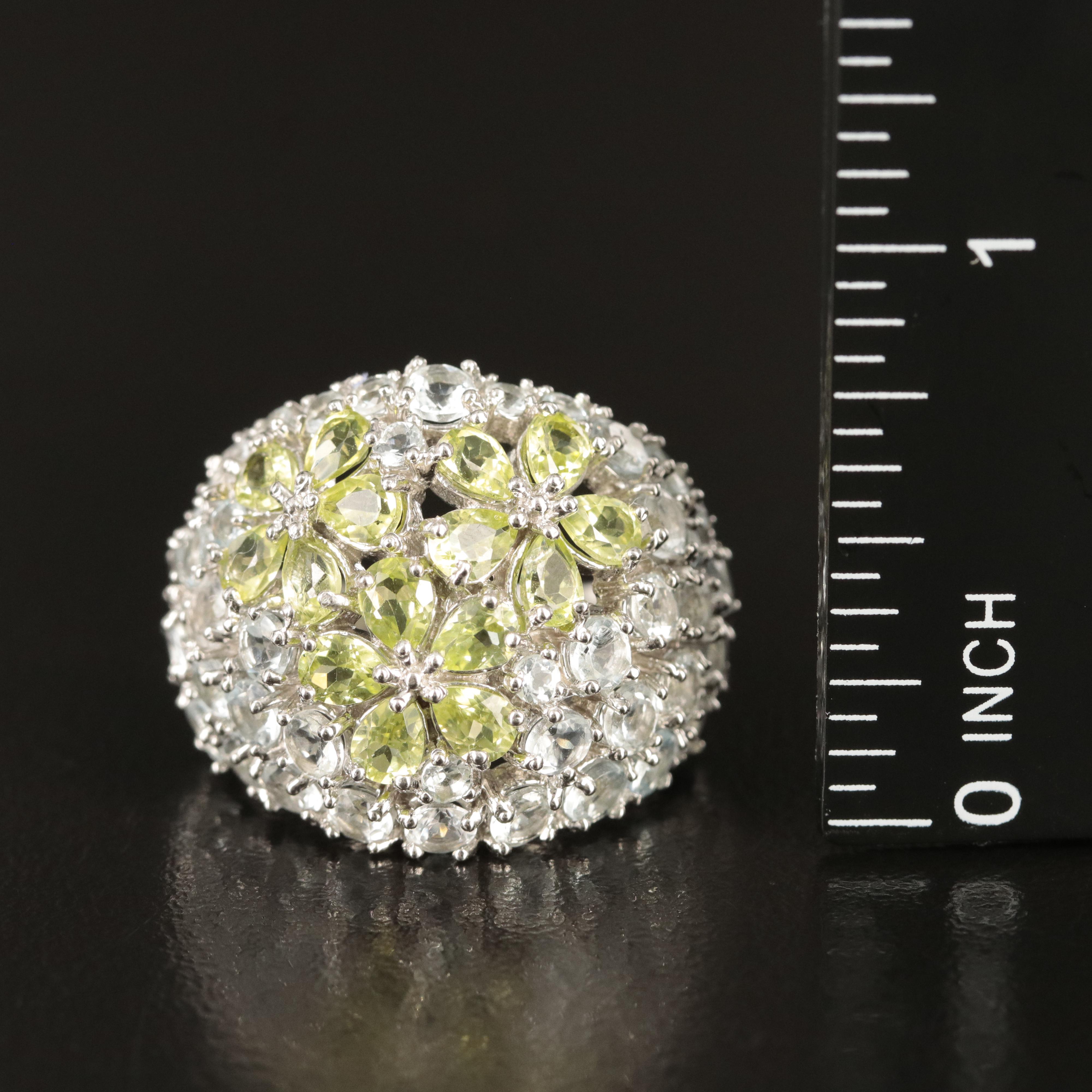 Sterling Peridot and Goshenite Floral Dome Ring