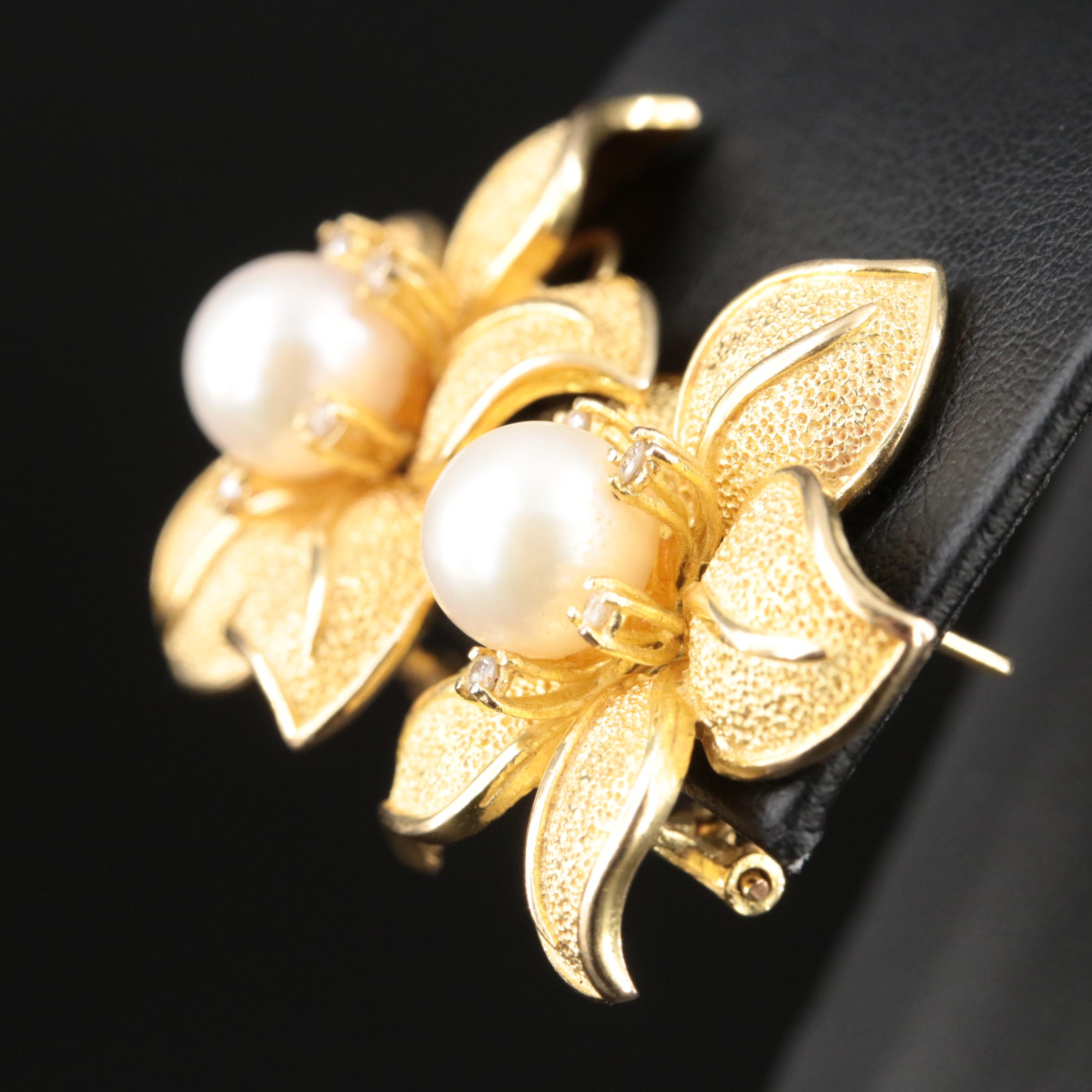14K Pearl and Diamond Flower Earrings