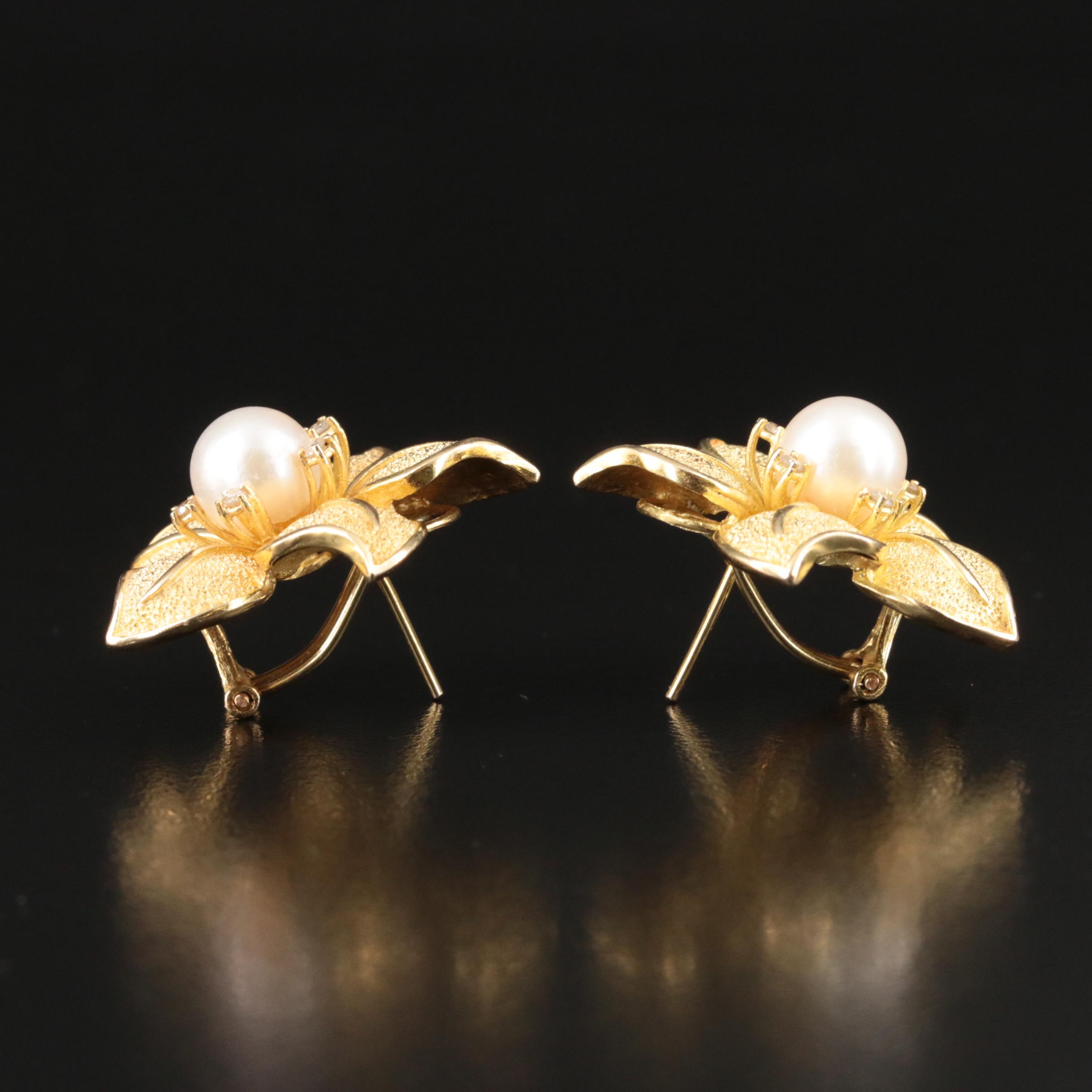 14K Pearl and Diamond Flower Earrings