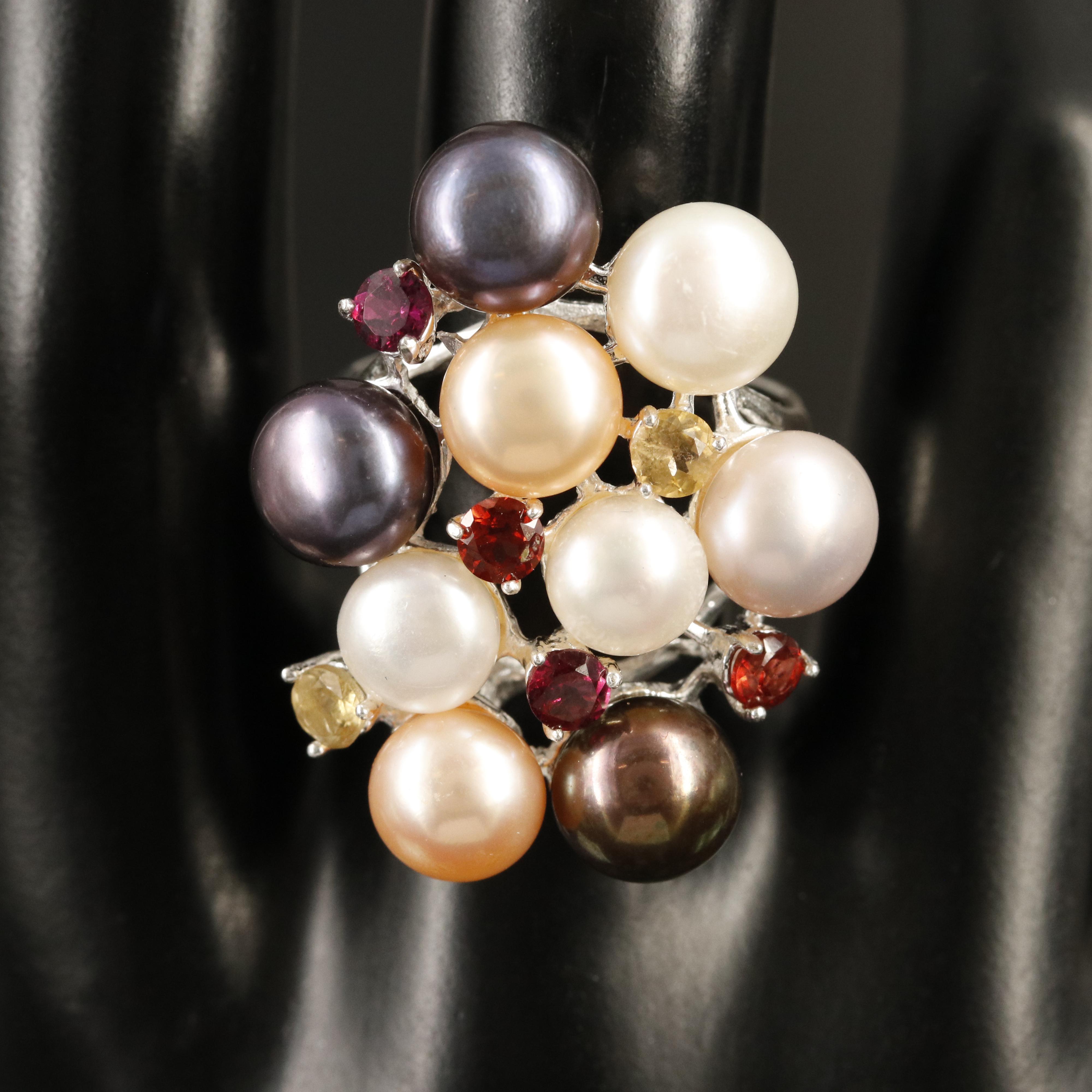 Sterling Pearl, Citrine and Tourmaline Ring