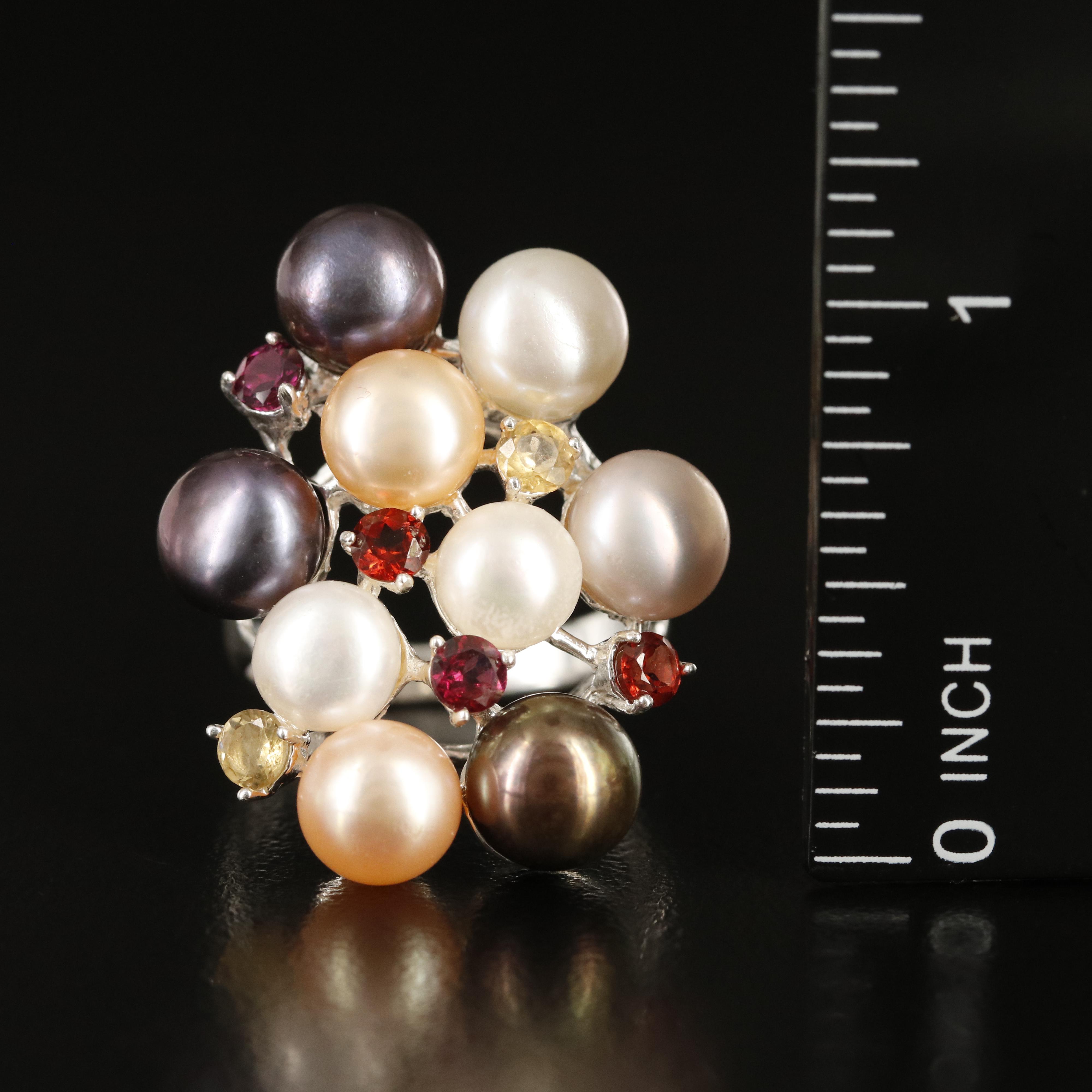 Sterling Pearl, Citrine and Tourmaline Ring