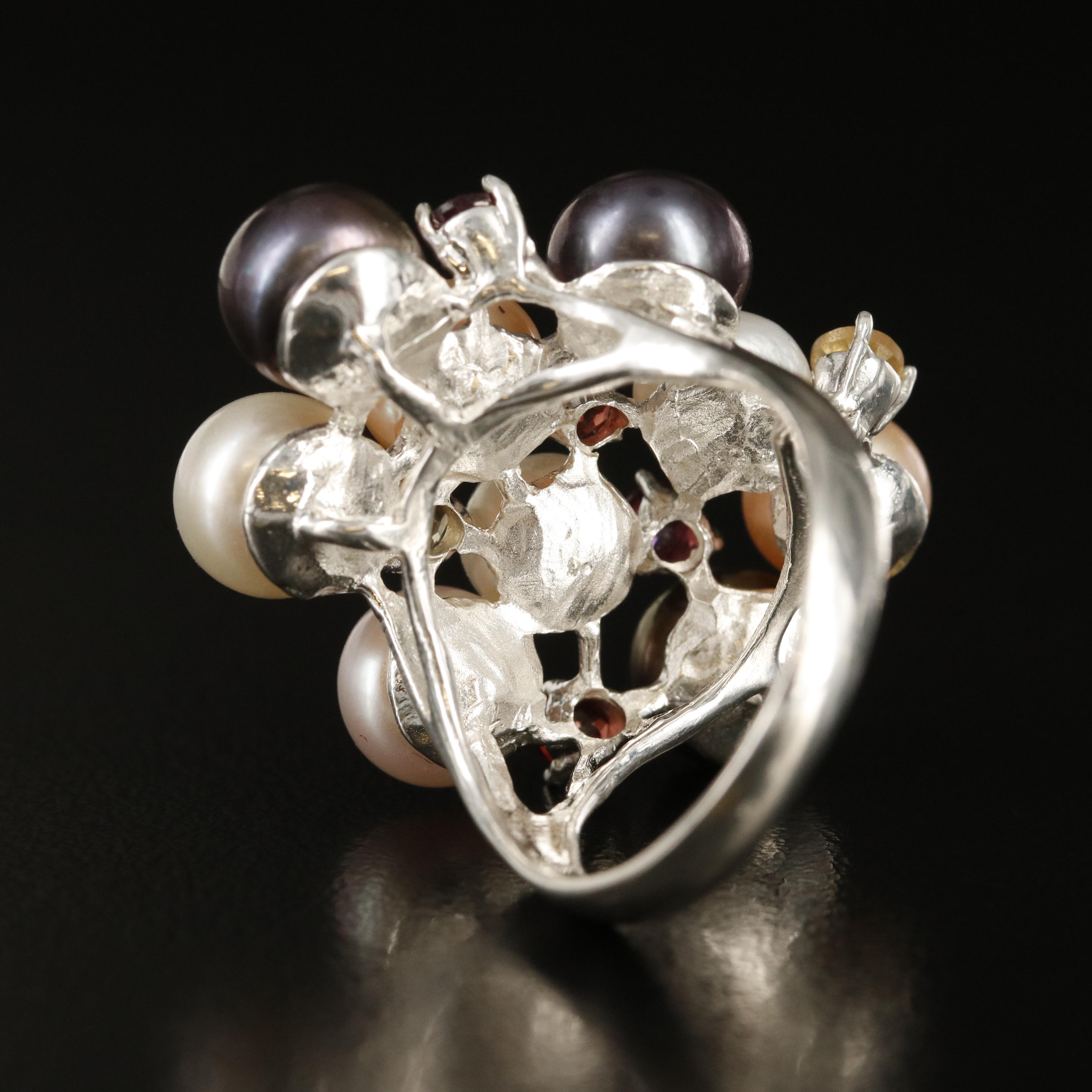 Sterling Pearl, Citrine and Tourmaline Ring