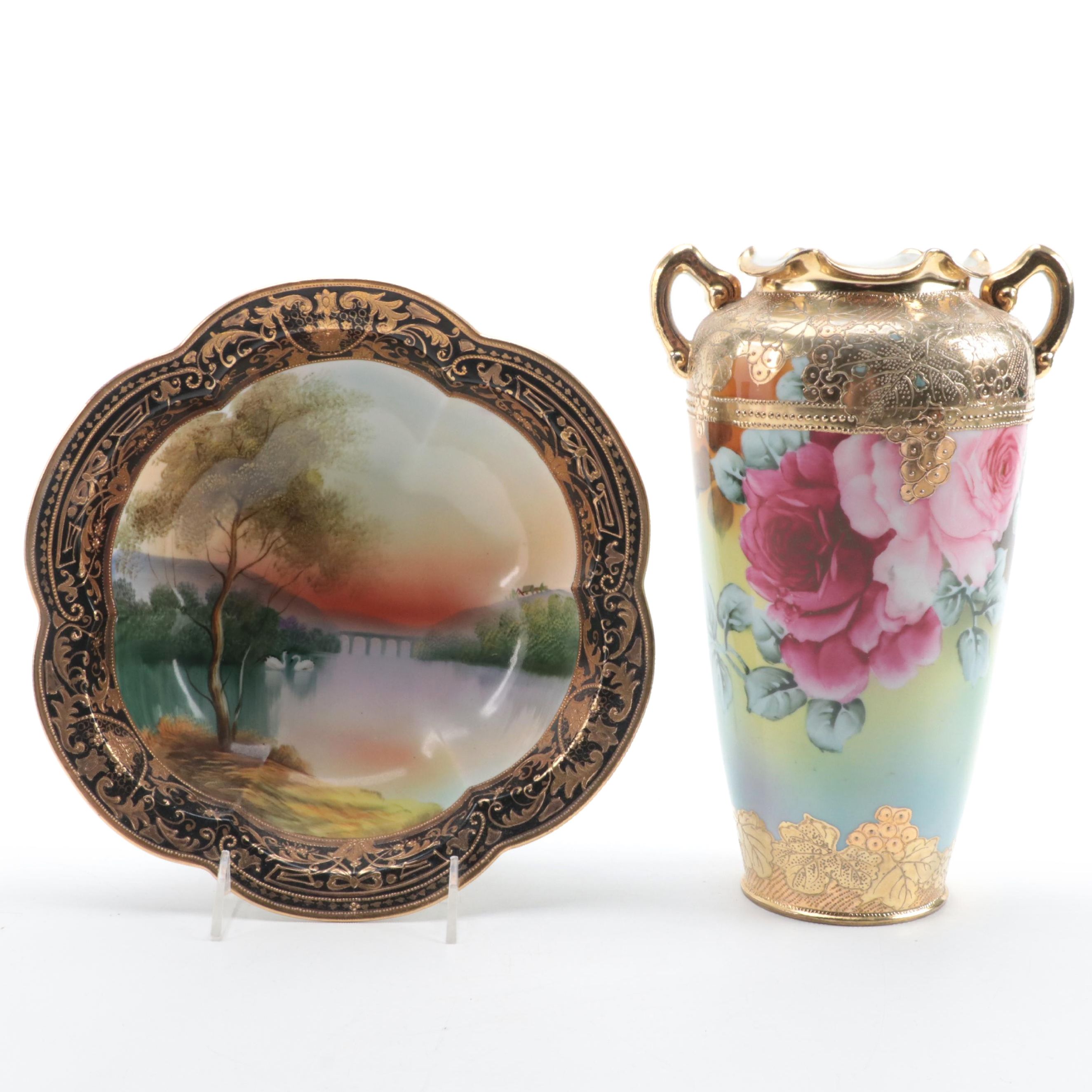 Morimura Brothers Nippon Hand-Painted Porcelain Bowl and Other Vase