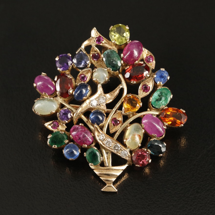 14K Sapphire, Diamond, Ruby and Gemstone Giardinetti Converter Brooch