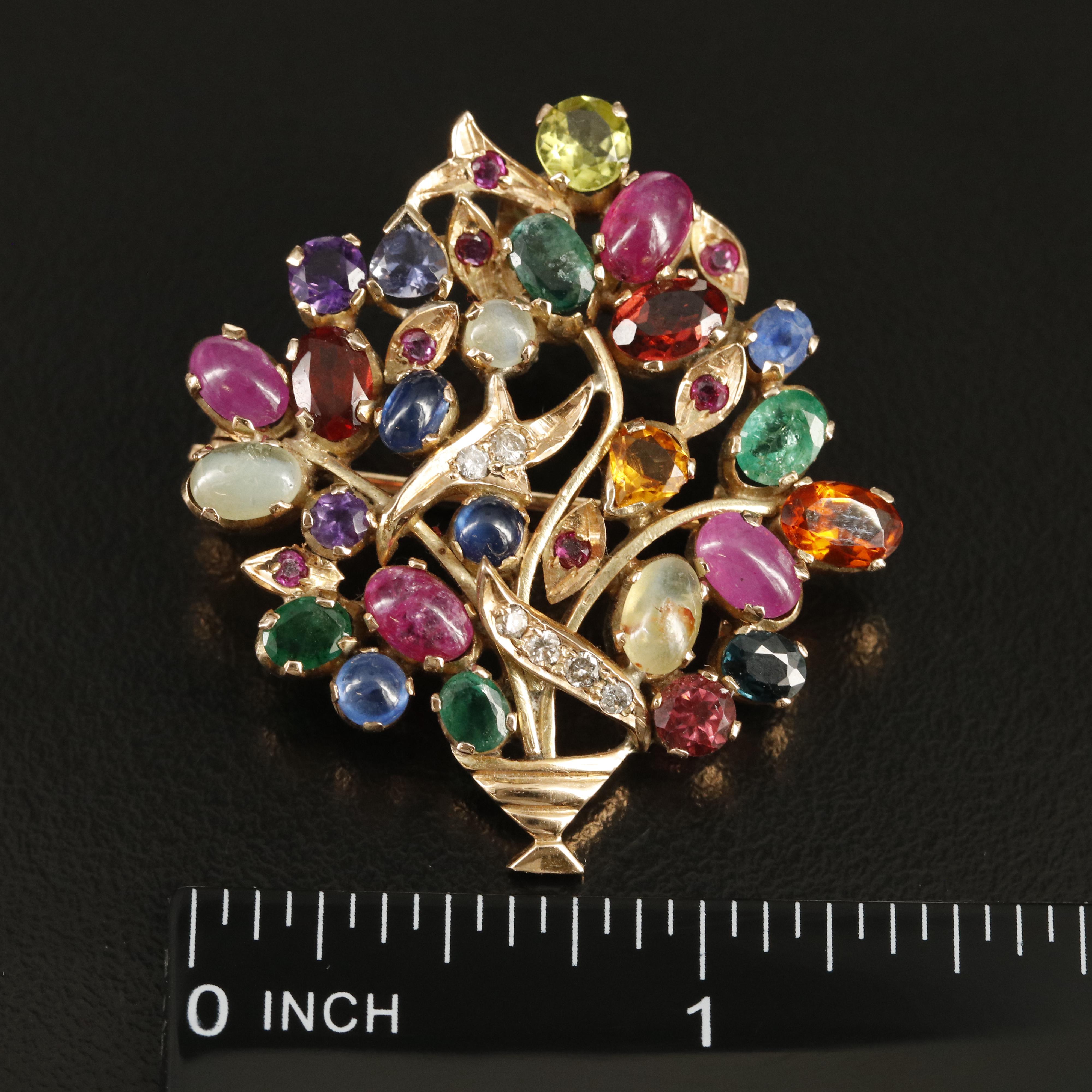 14K Sapphire, Diamond, Ruby and Gemstone Giardinetti Converter Brooch