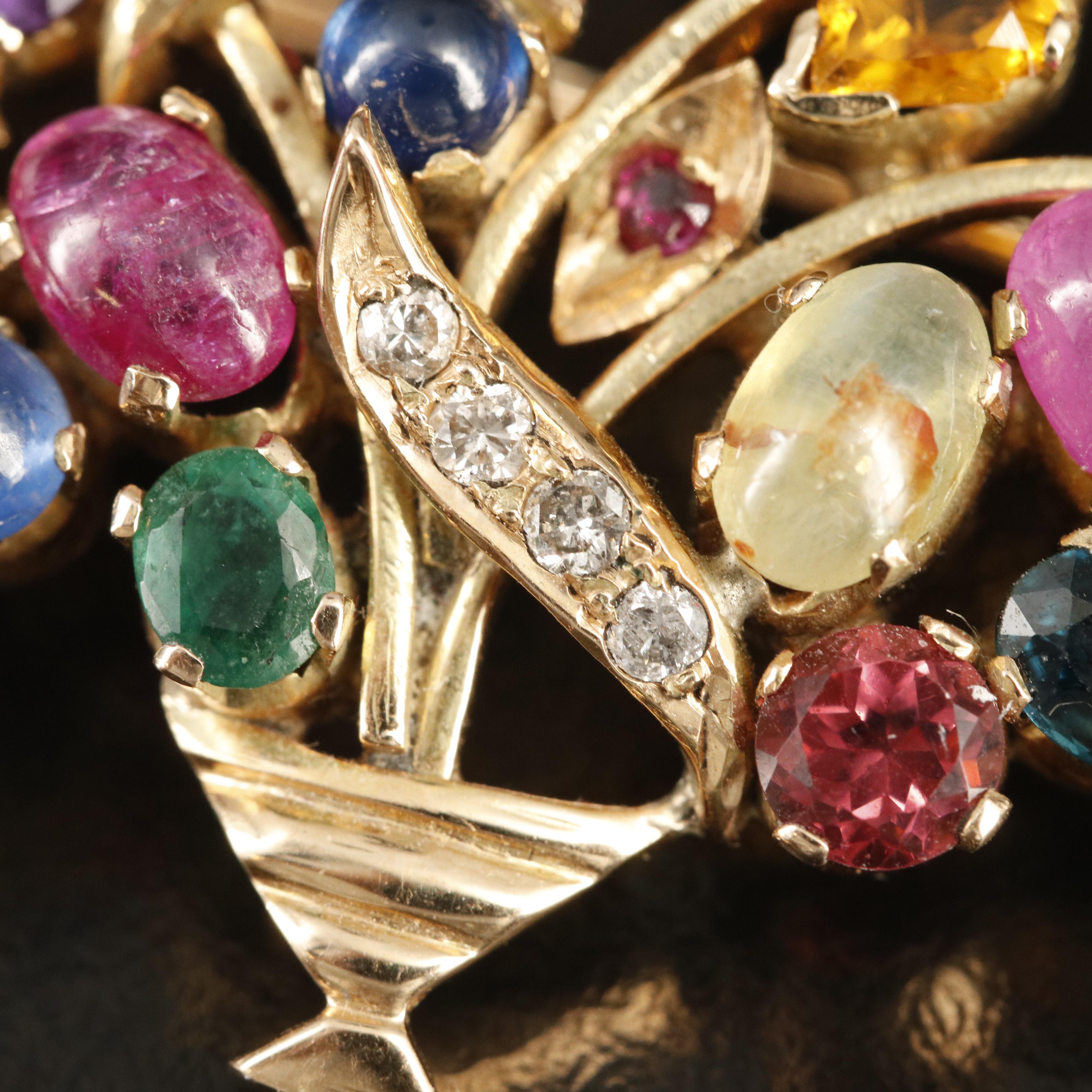 14K Sapphire, Diamond, Ruby and Gemstone Giardinetti Converter Brooch