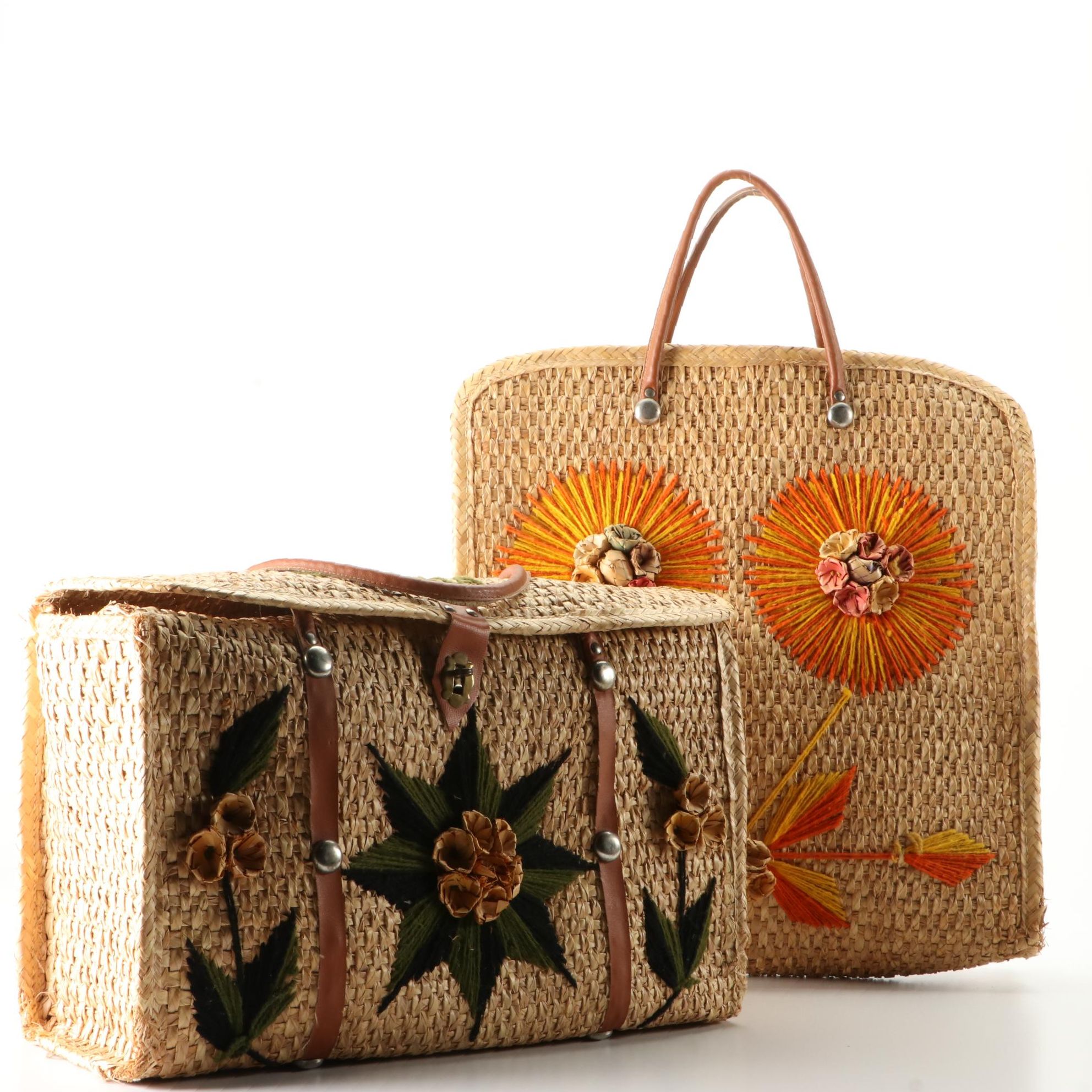 Woven Straw Embroidered Tote Bags with Leather Trim