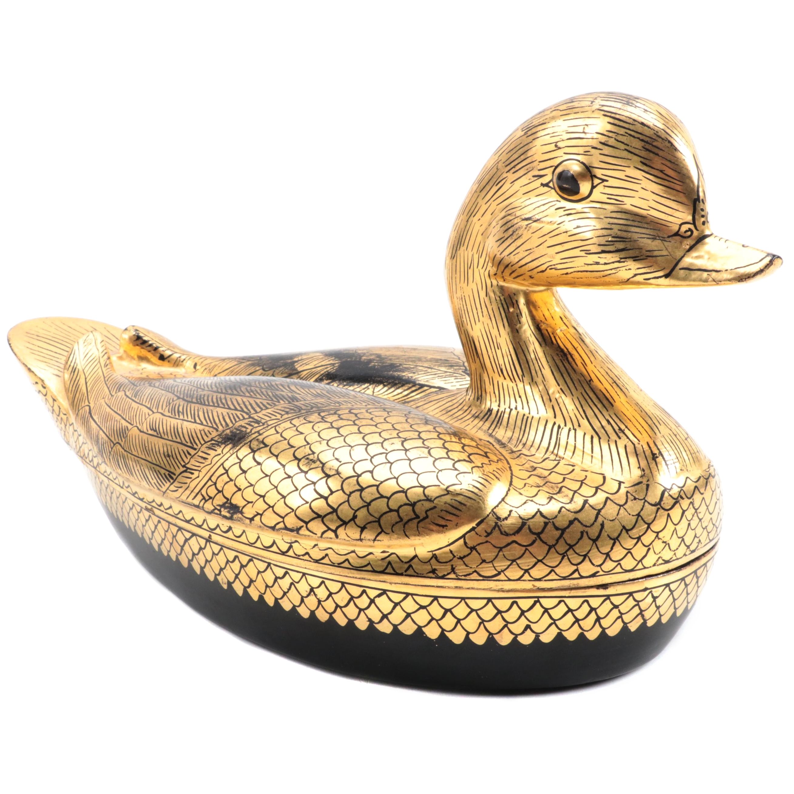 Chinese Hand-Painted Gilt Lacquerware Duck Form Box