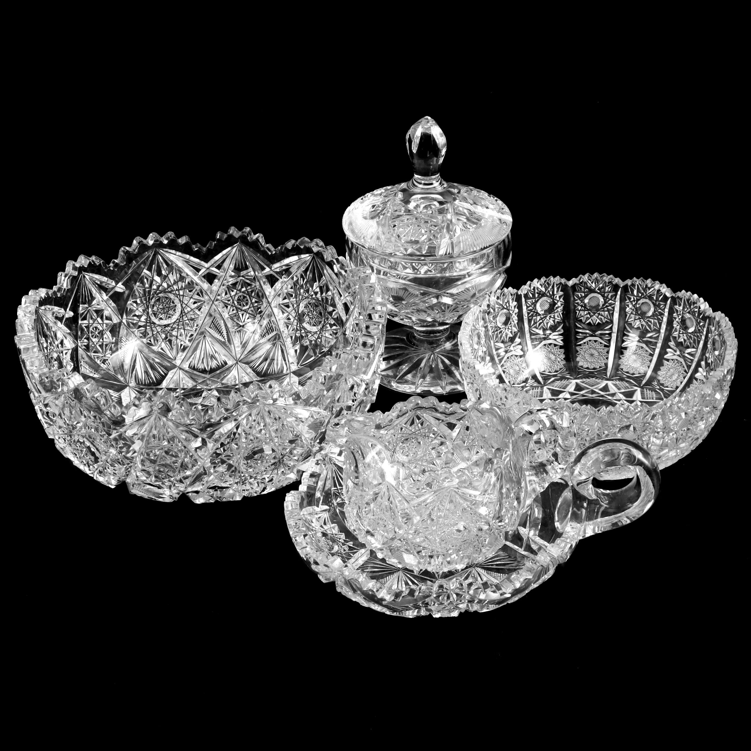Brilliant Cut Glass Bowls, Dishes and Creamer