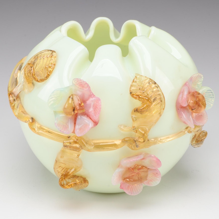 Custard Glass Bowl With Applied Roses, Leaves, Possibly Stevens & Williams