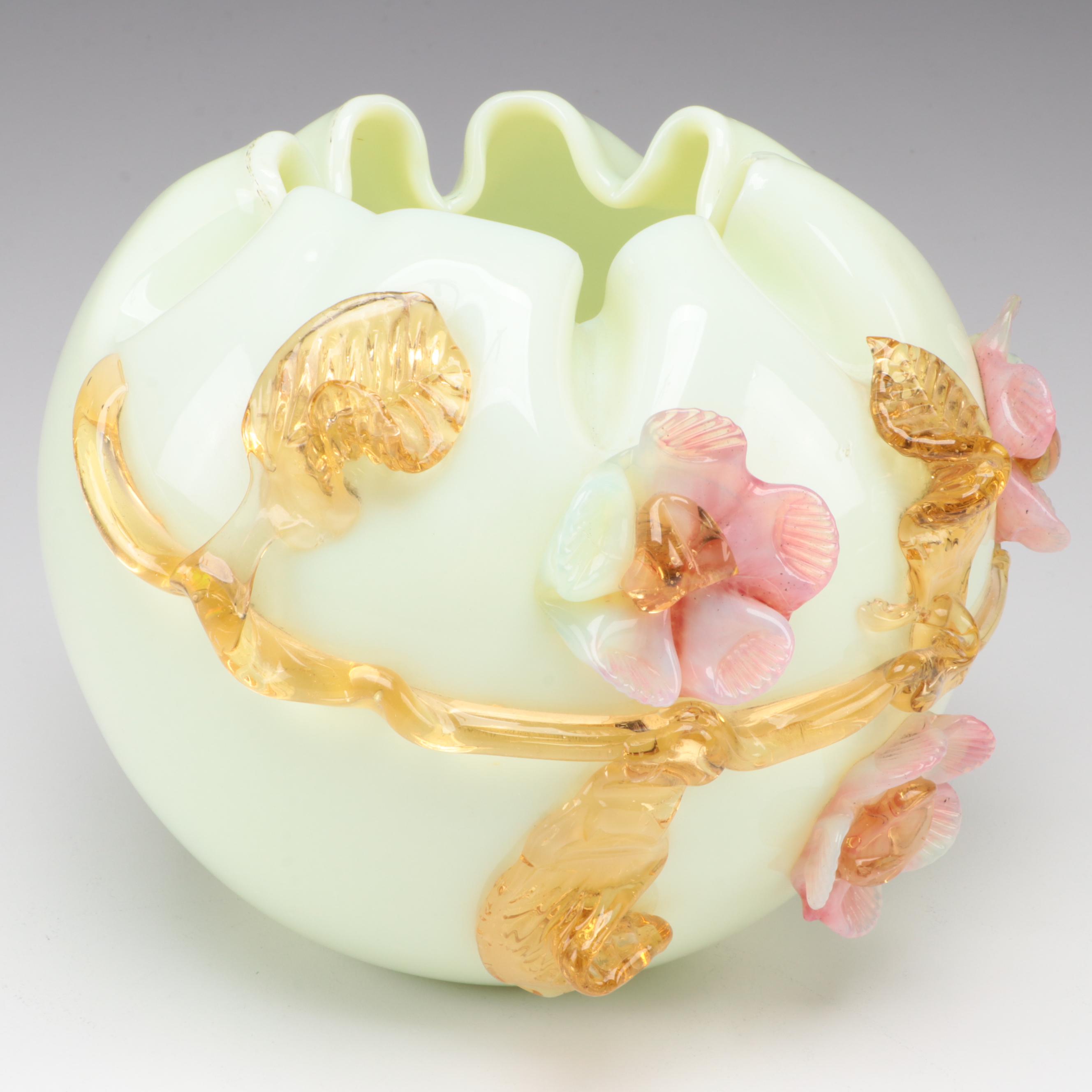 Custard Glass Bowl With Applied Roses, Leaves, Possibly Stevens & Williams