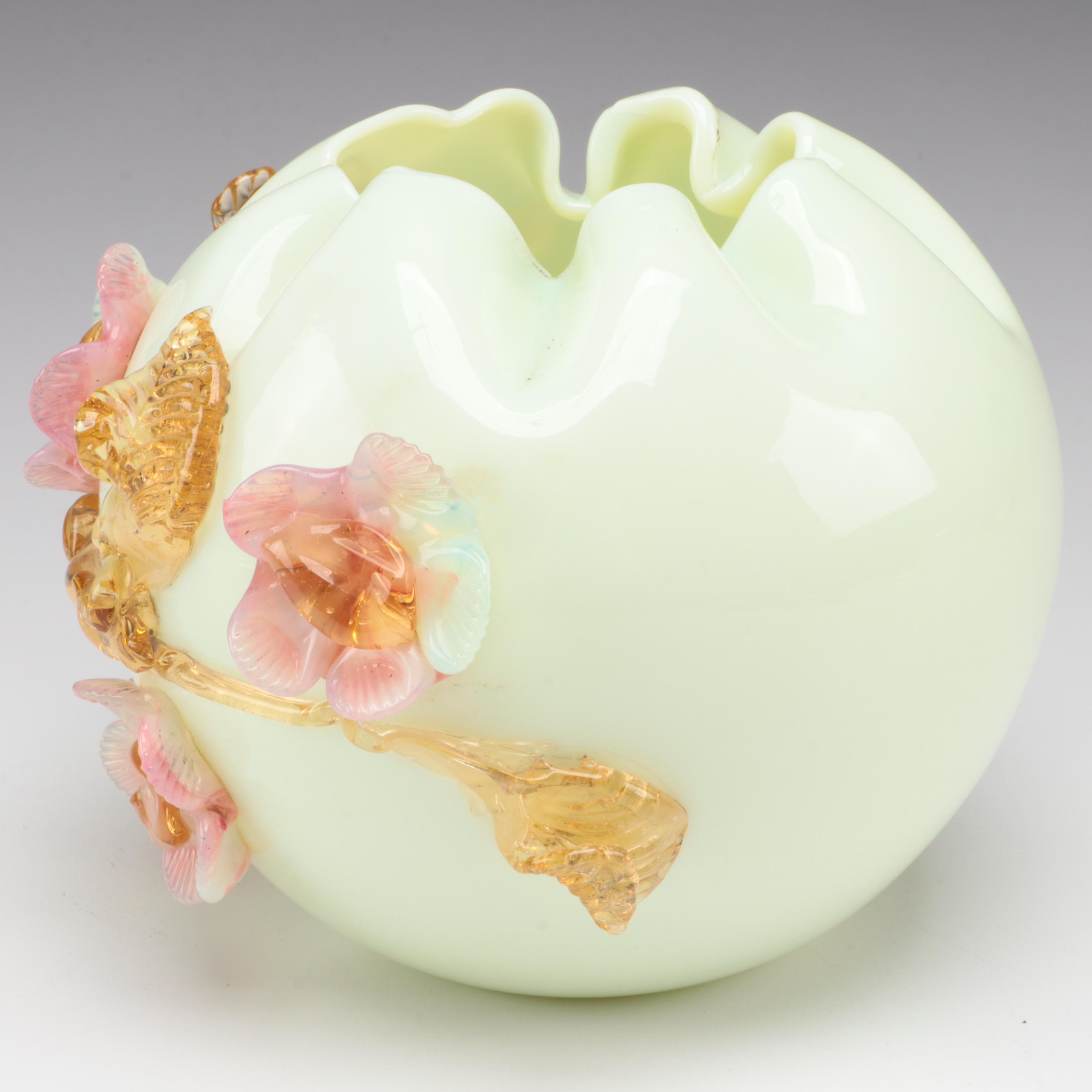 Custard Glass Bowl With Applied Roses, Leaves, Possibly Stevens & Williams