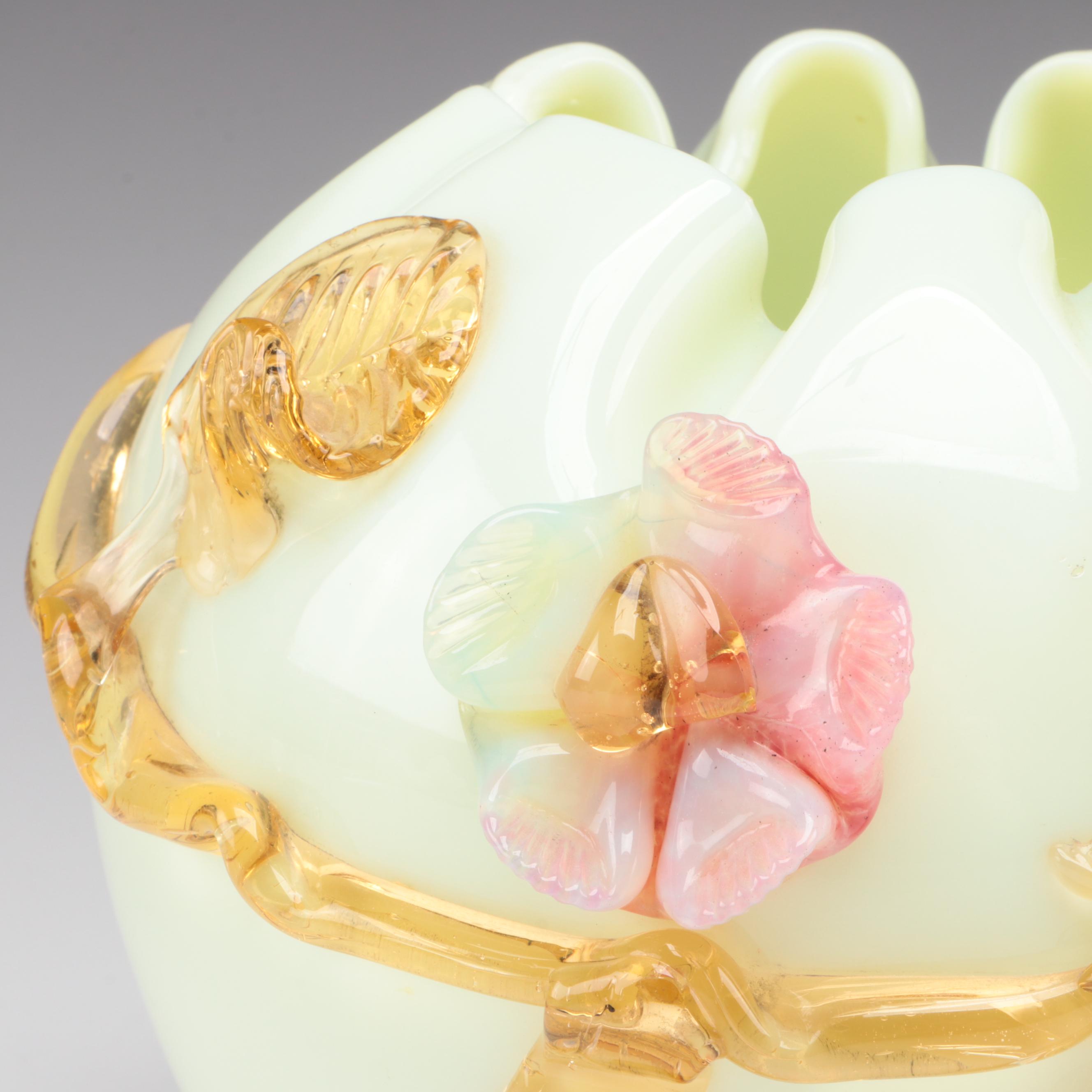 Custard Glass Bowl With Applied Roses, Leaves, Possibly Stevens & Williams