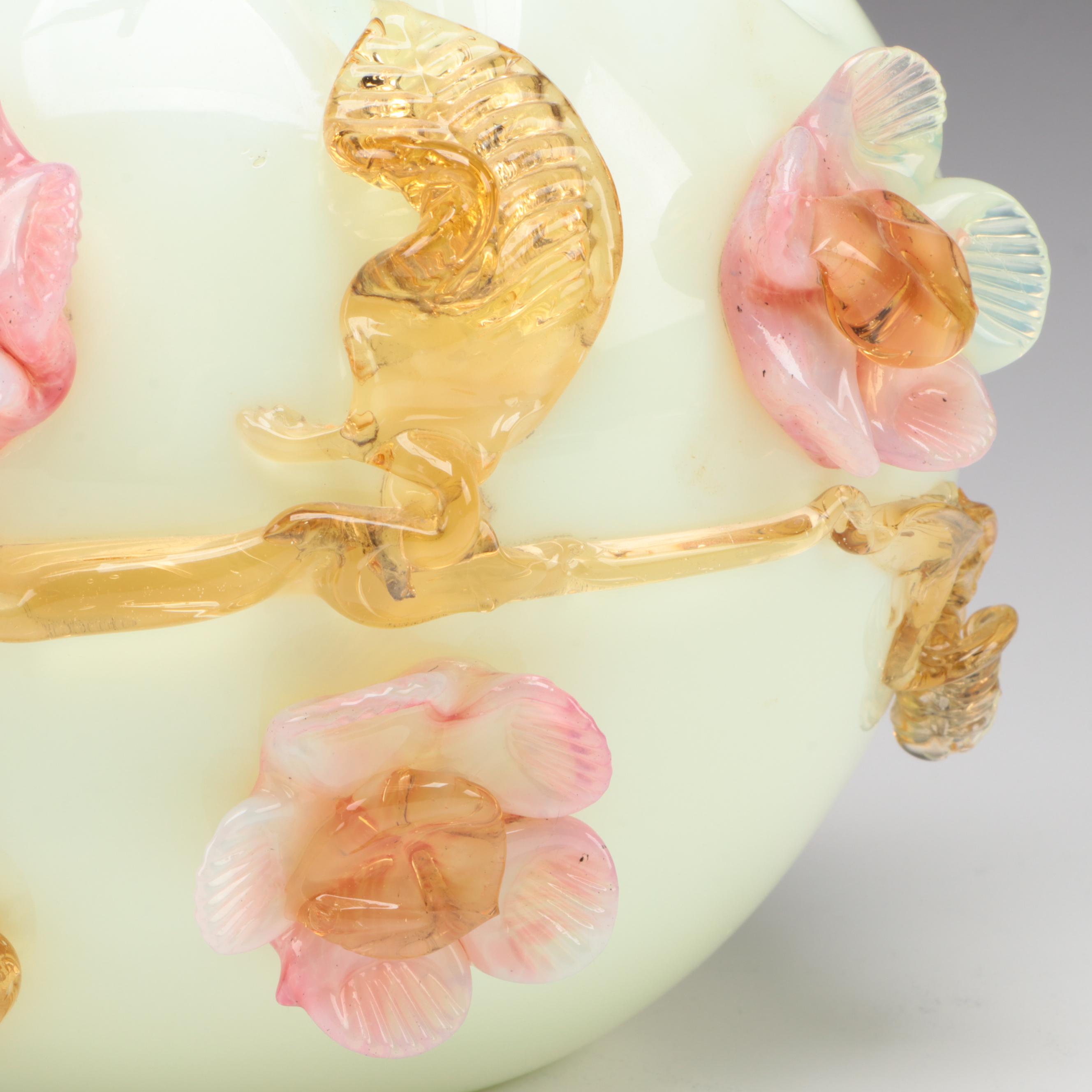 Custard Glass Bowl With Applied Roses, Leaves, Possibly Stevens & Williams