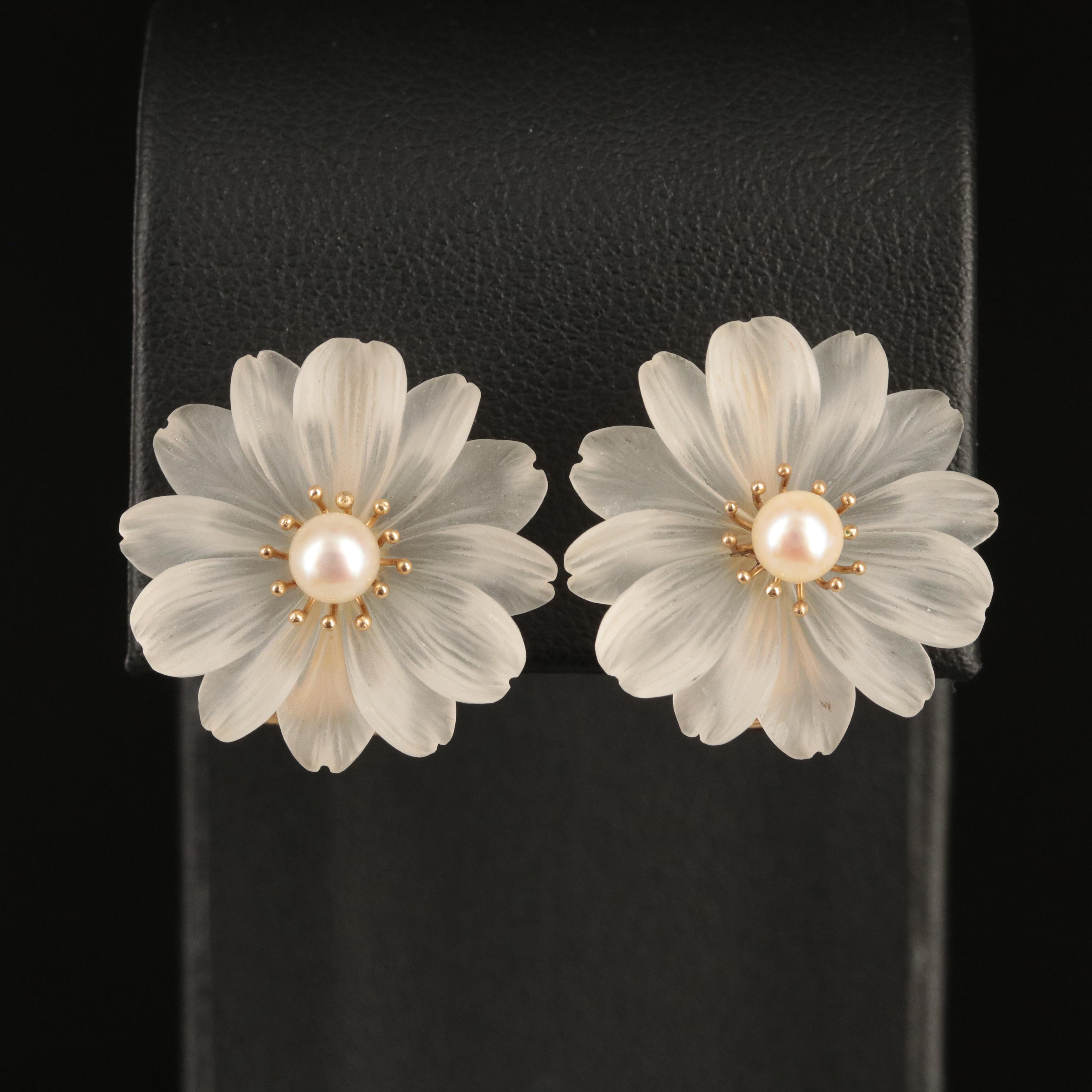 14K Pearl and Rock Crystal Quartz Floral Earrings