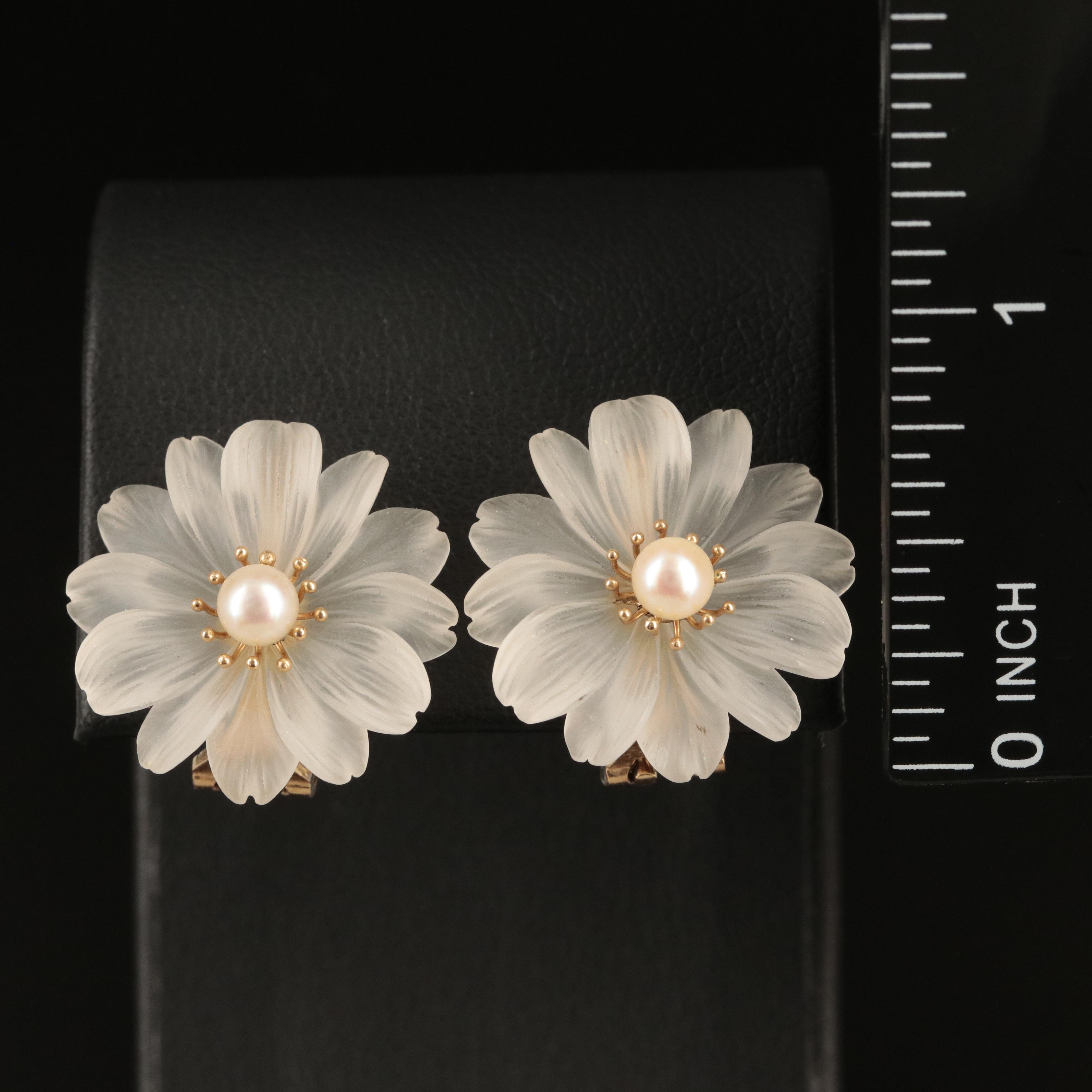 14K Pearl and Rock Crystal Quartz Floral Earrings