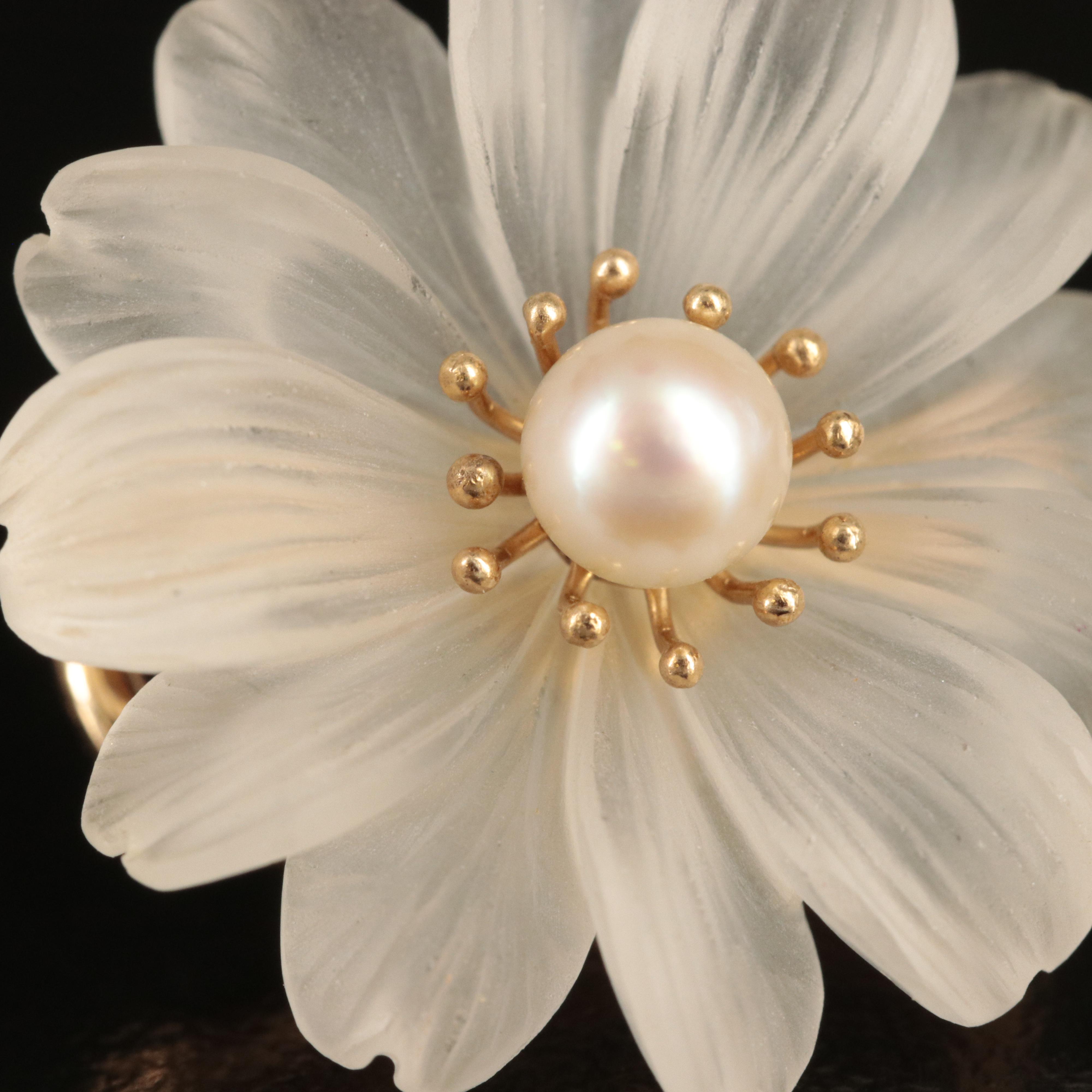 14K Pearl and Rock Crystal Quartz Floral Earrings