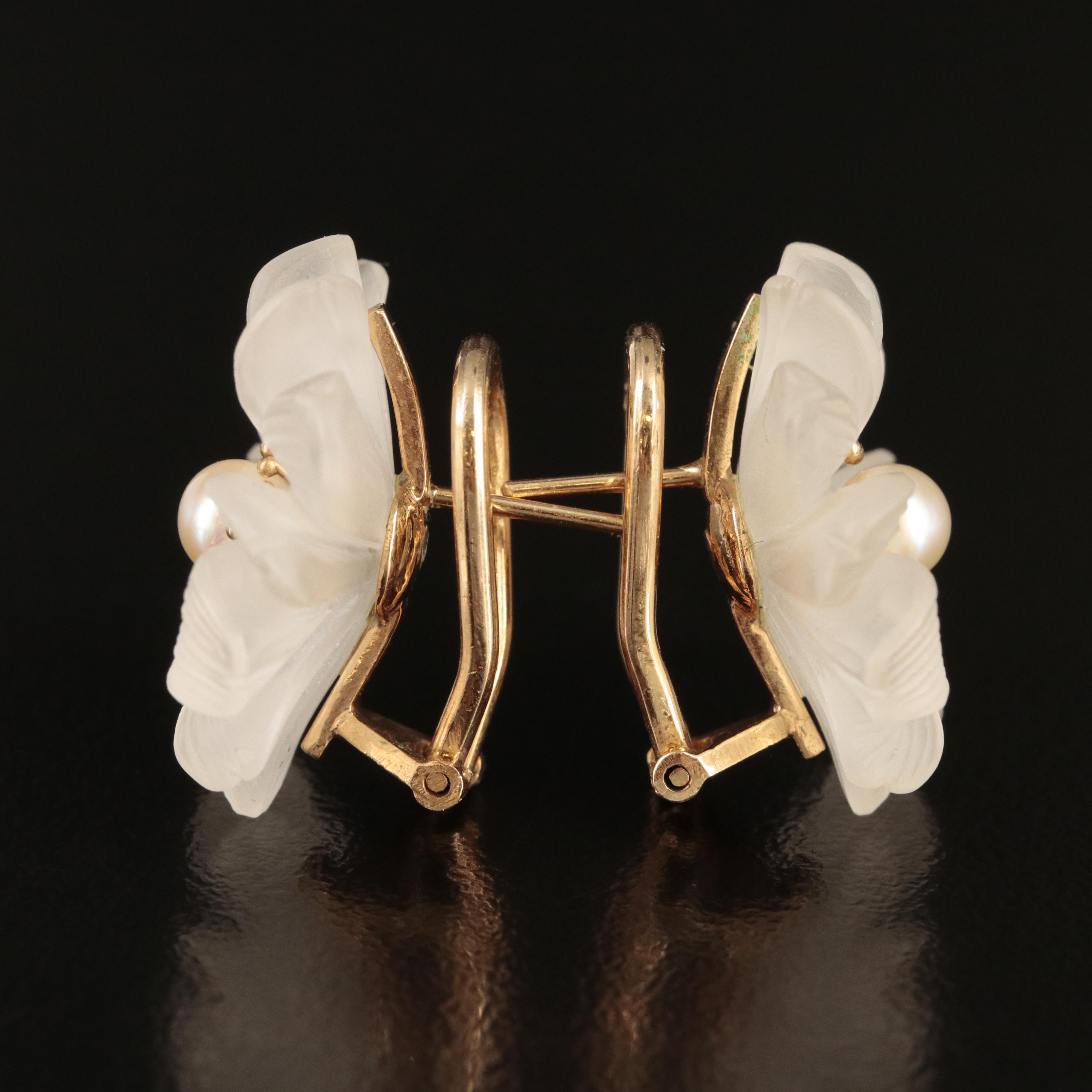 14K Pearl and Rock Crystal Quartz Floral Earrings