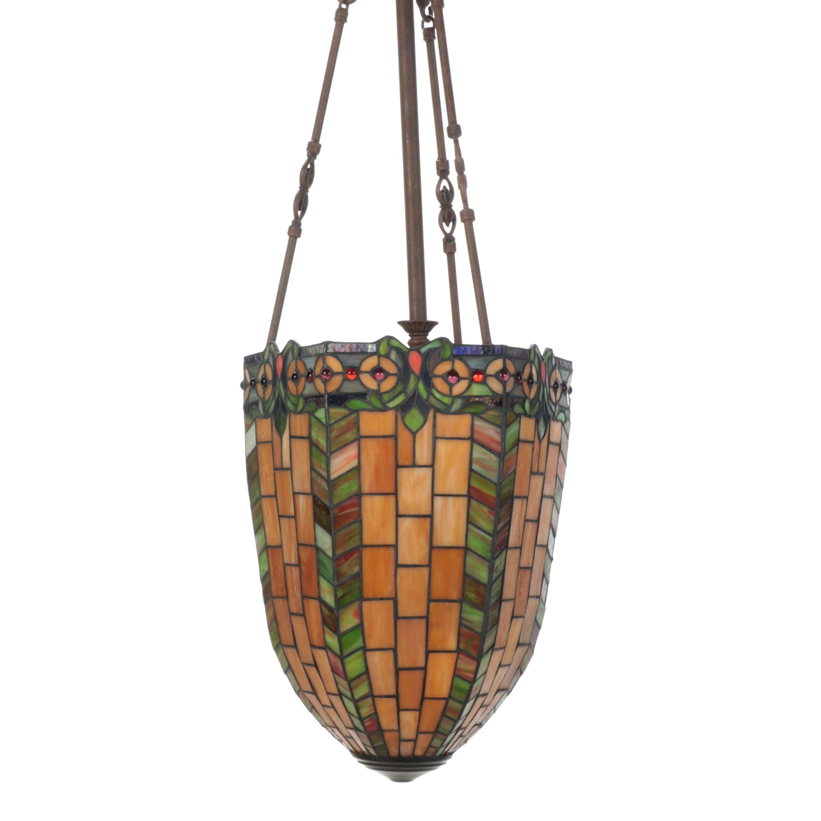 Slag Glass and Jeweled Pendant Light With Bronzed Metal Stem, Contemporary