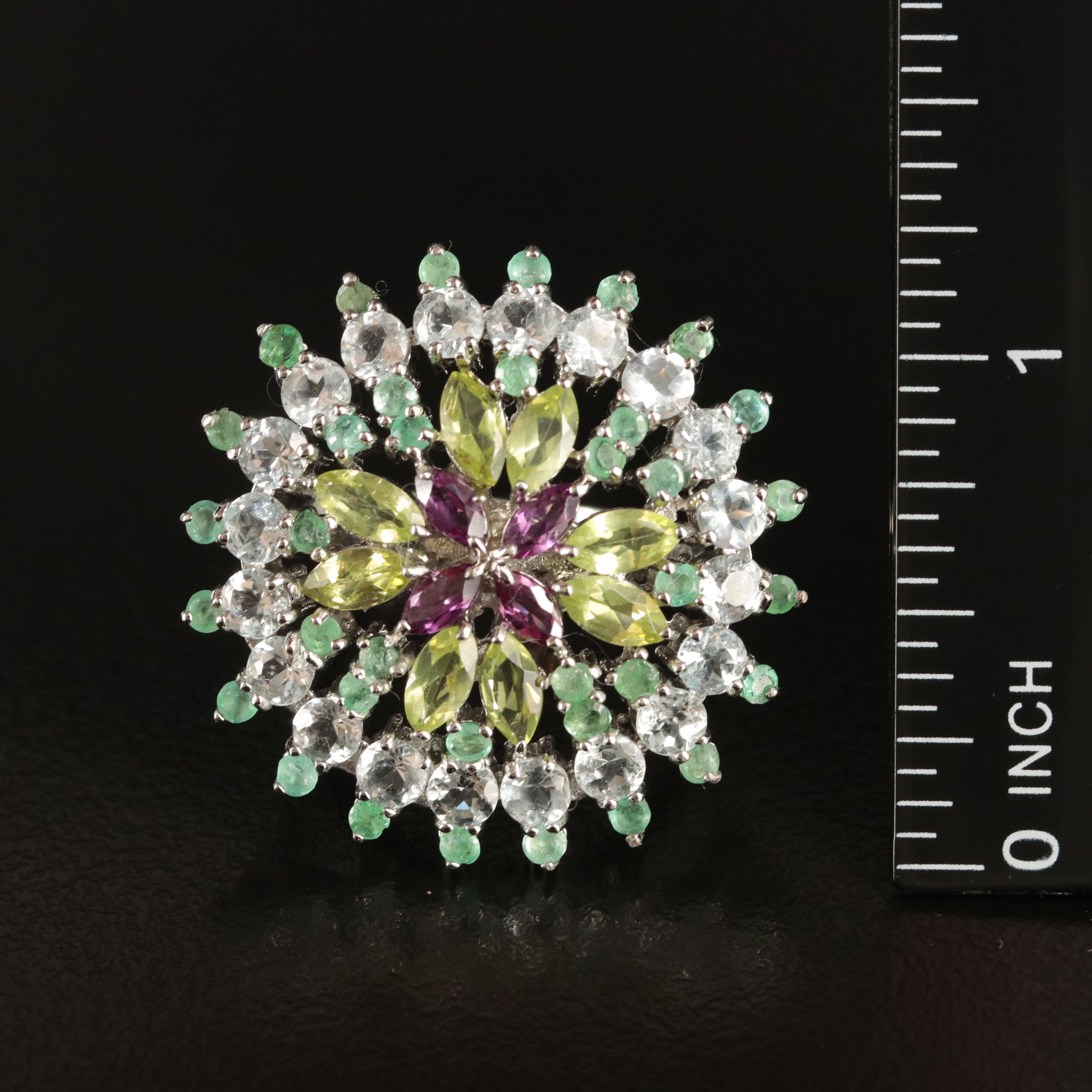 Sterling Peridot, Emerald and Garnet Ring