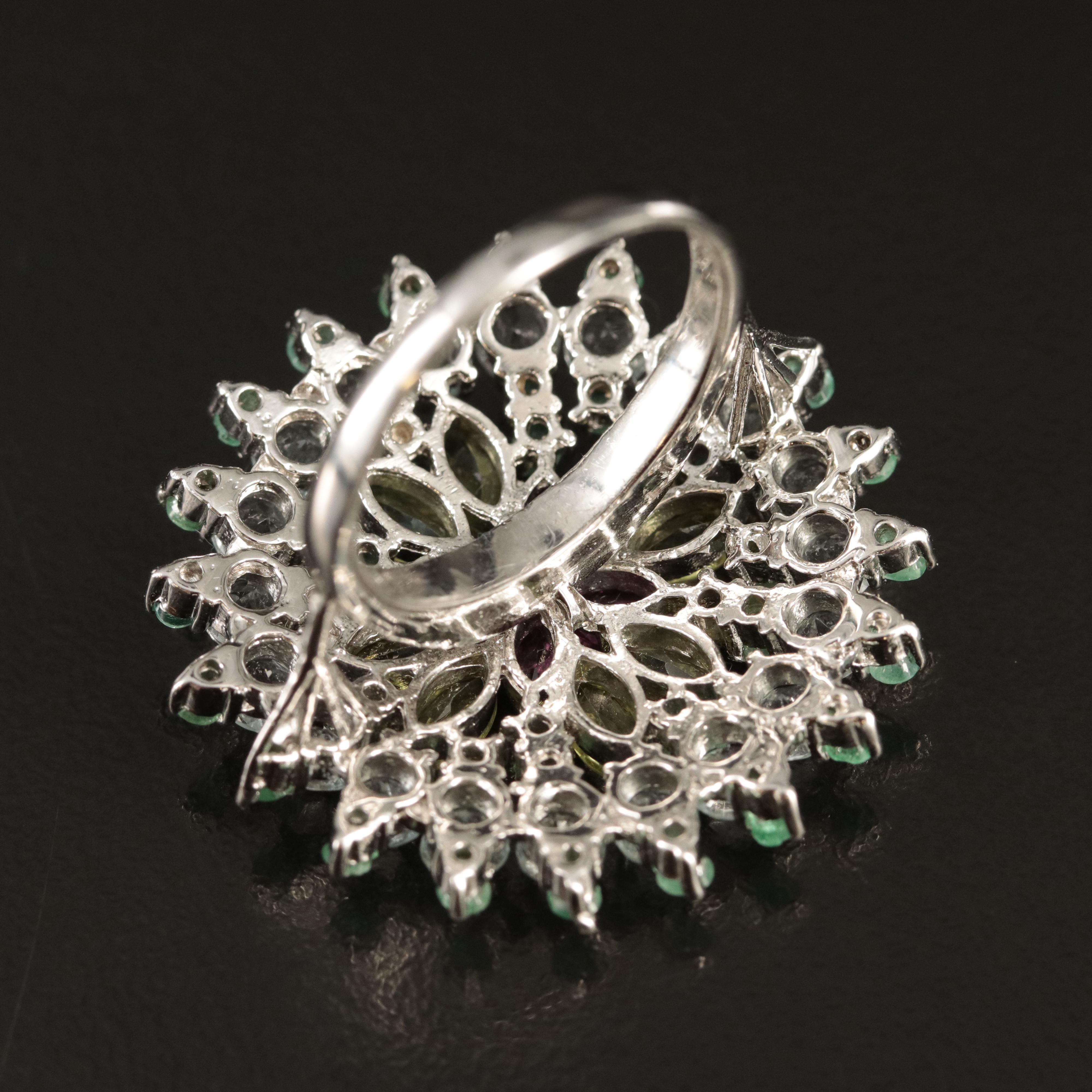 Sterling Peridot, Emerald and Garnet Ring