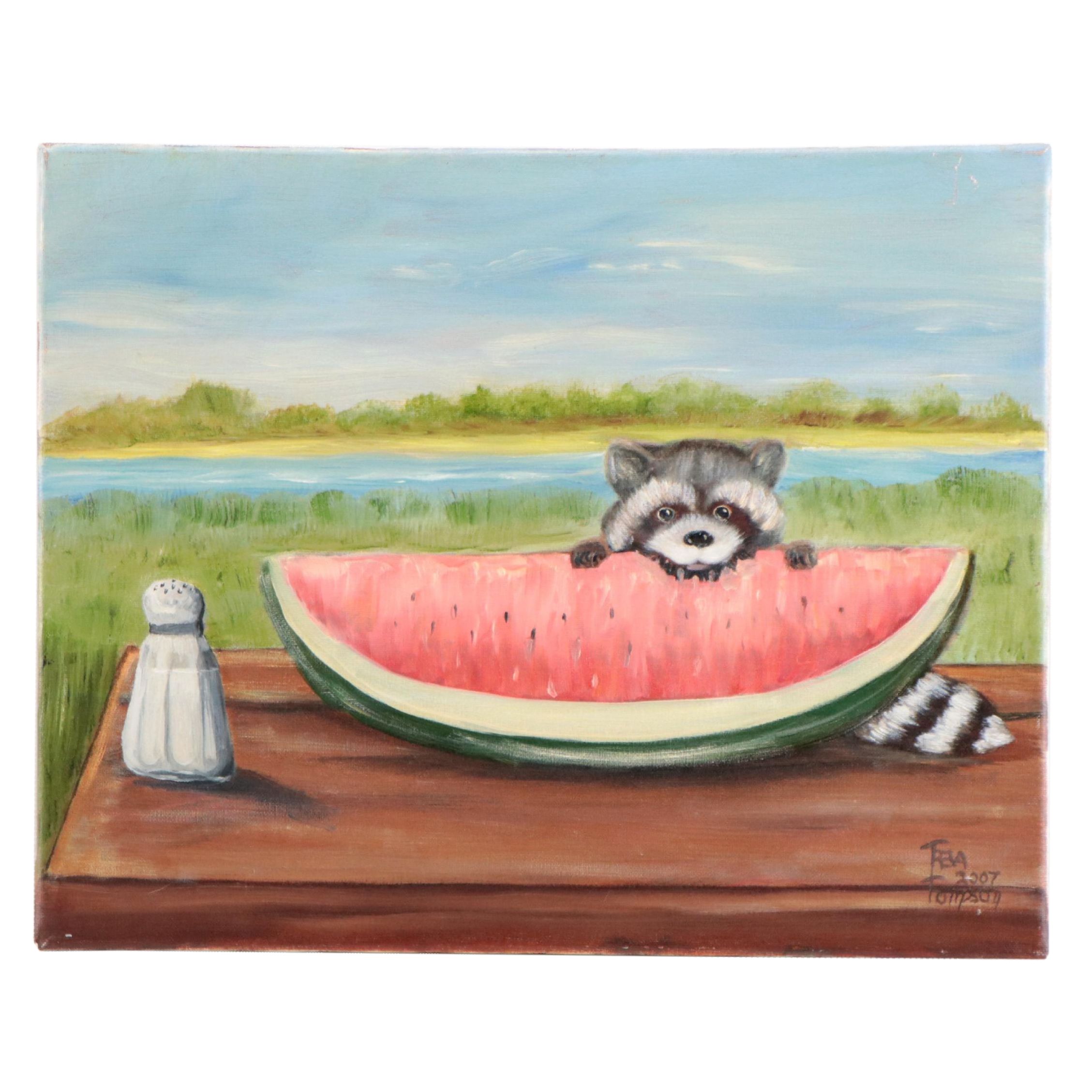 Acrylic Painting of Raccoon Eating Watermelon, 2007