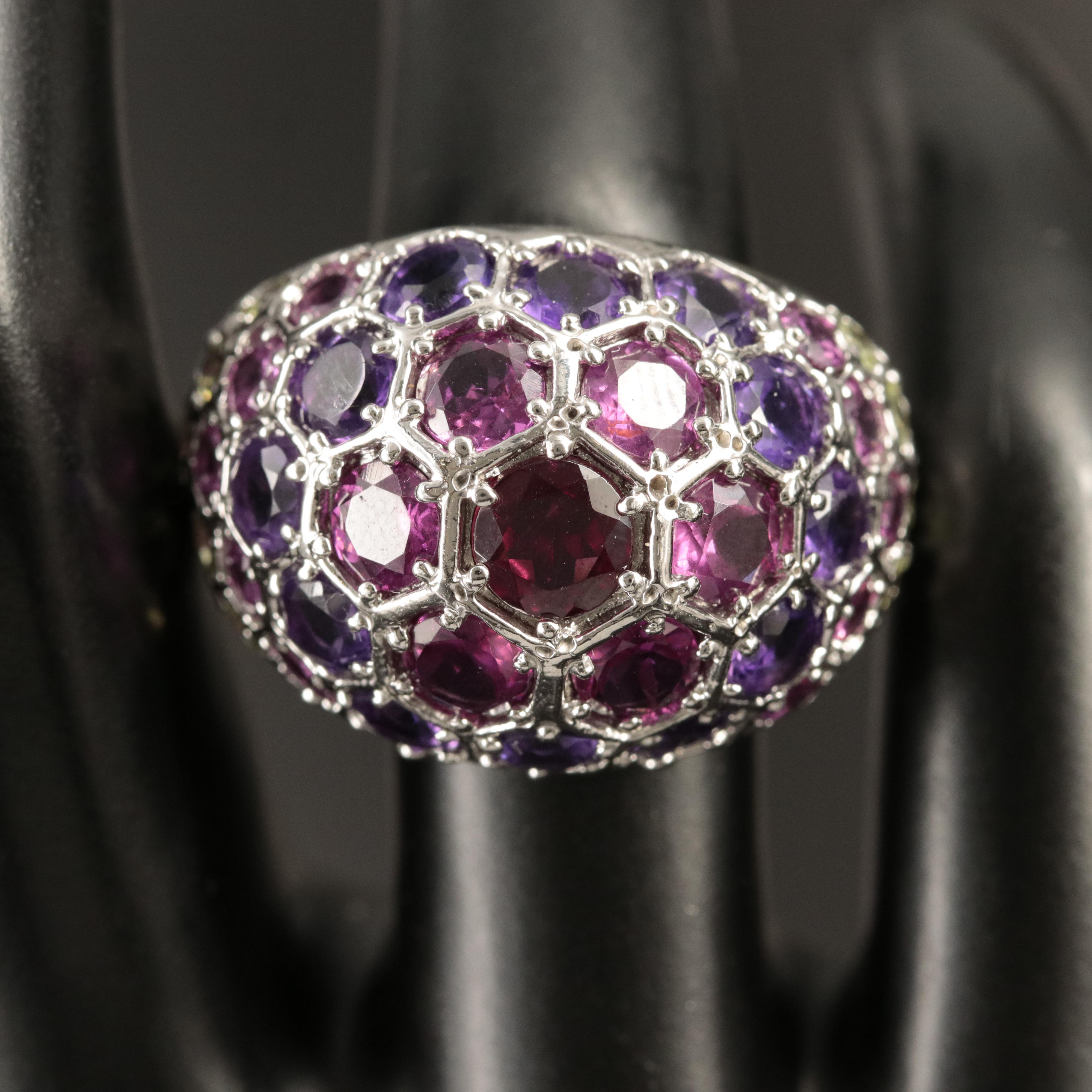 Sterling Amethyst, Garnet and Peridot Domed Ring