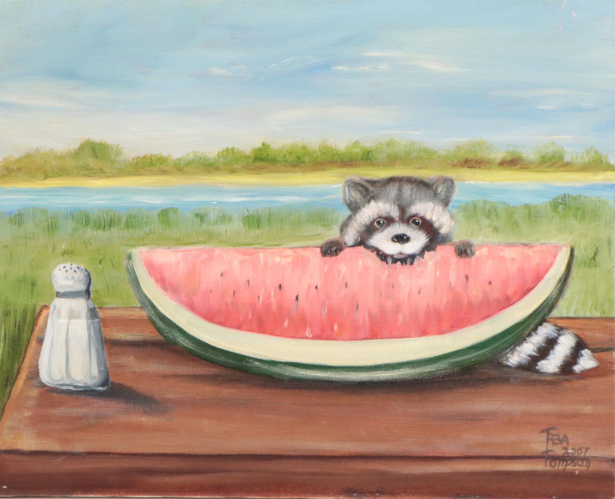 Acrylic Painting of Raccoon Eating Watermelon, 2007