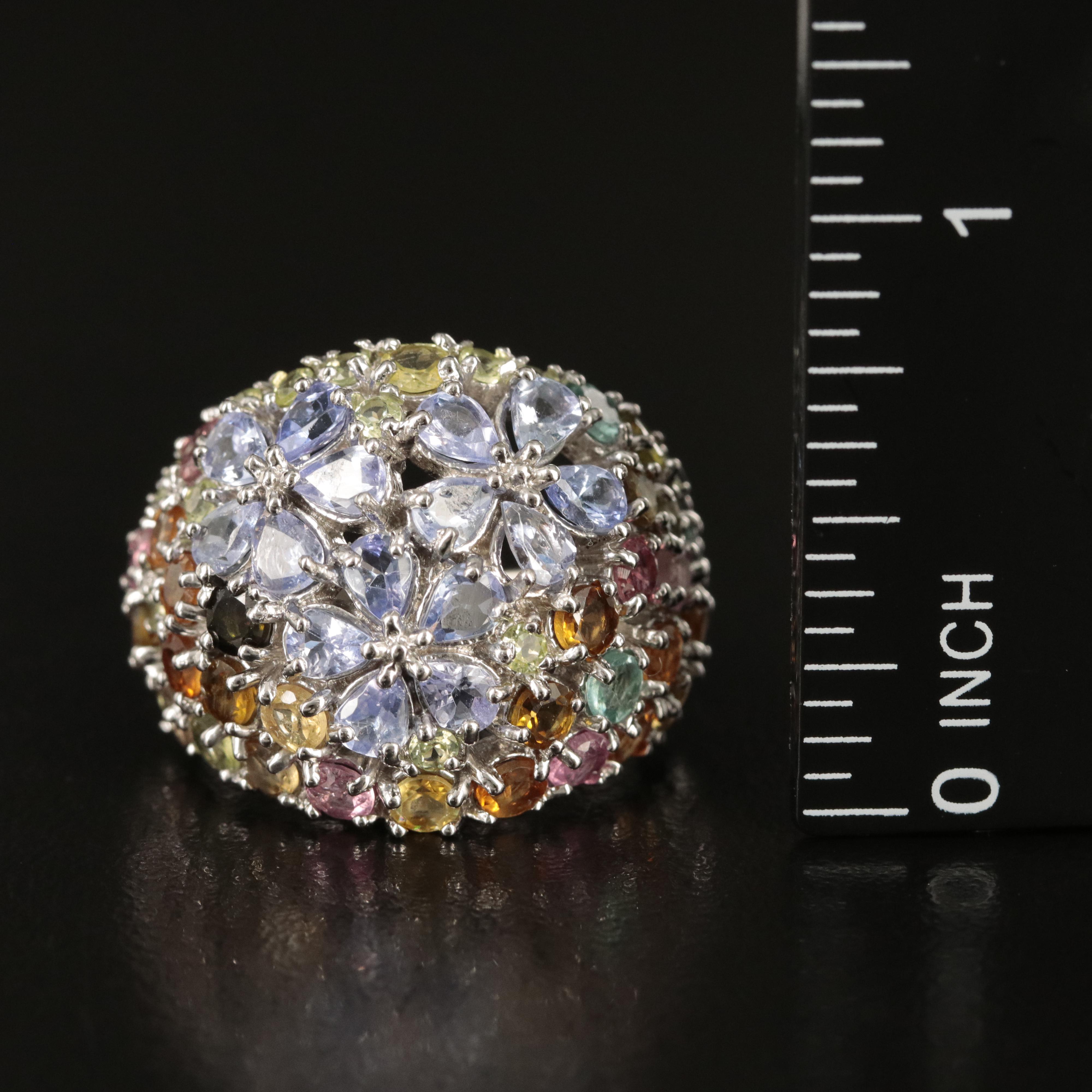 Sterling Tanzanite, Tourmaline and Peridot Flower Dome Ring