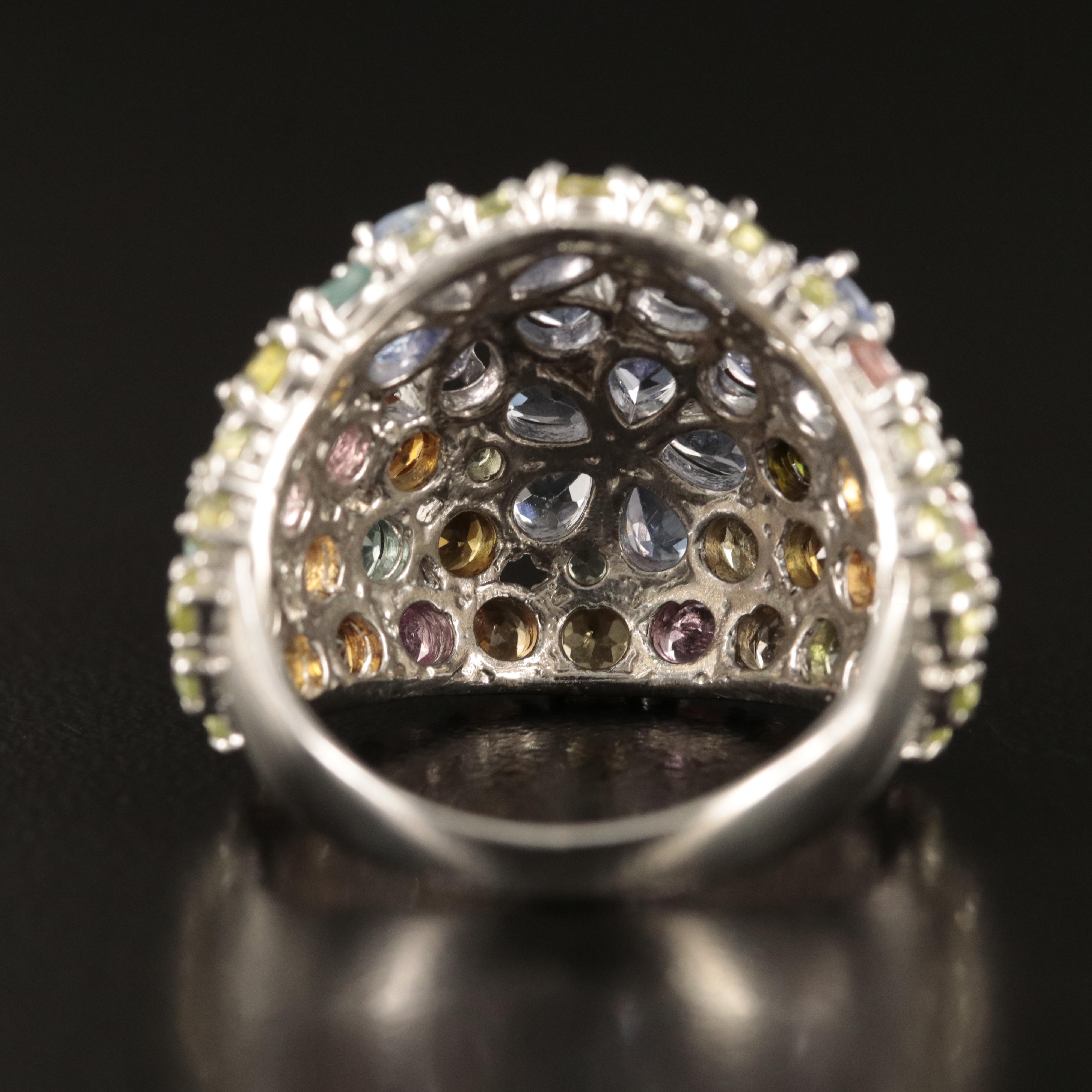 Sterling Tanzanite, Tourmaline and Peridot Flower Dome Ring