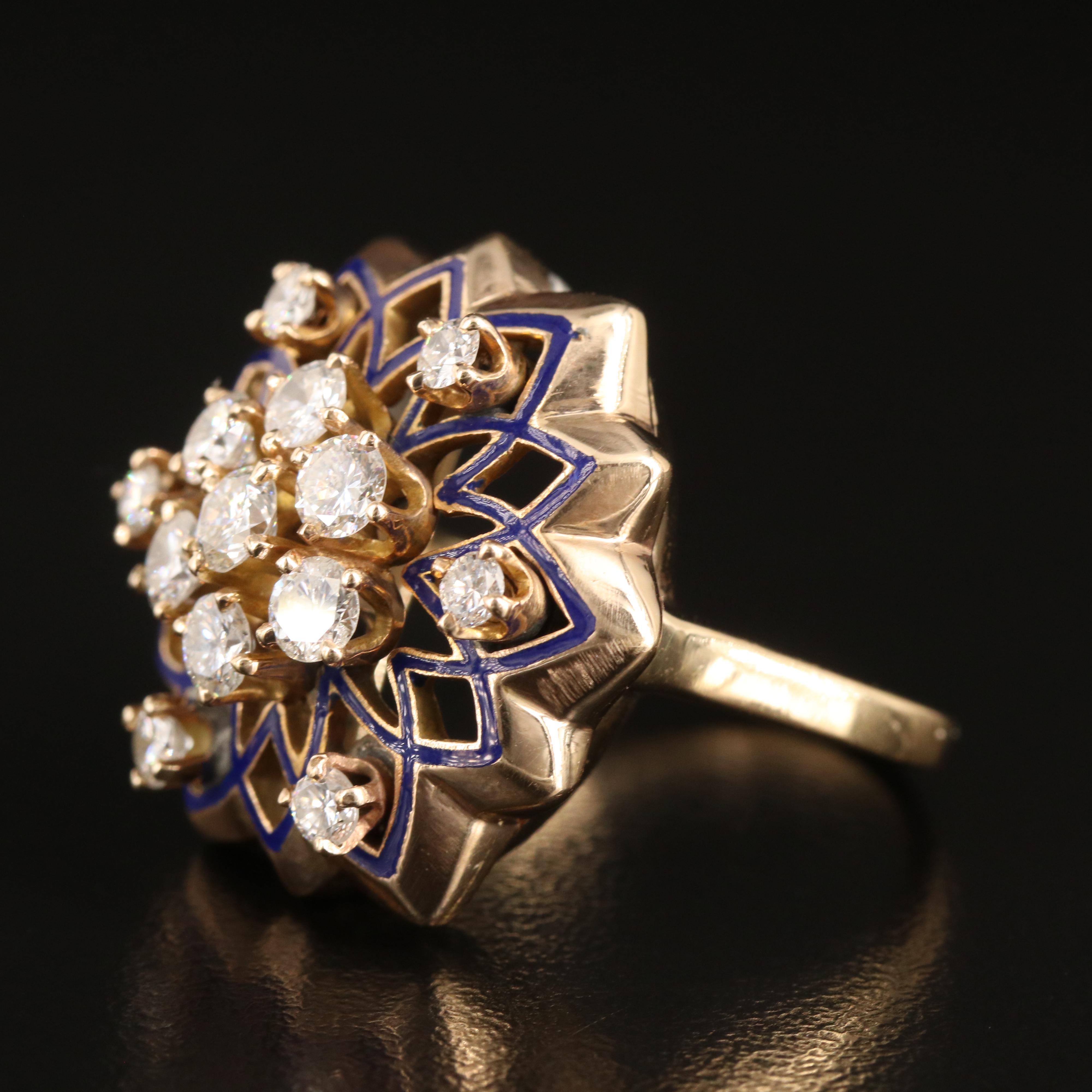 14K 1.17 CTW Diamond and Blue Enamel Tracery Ring