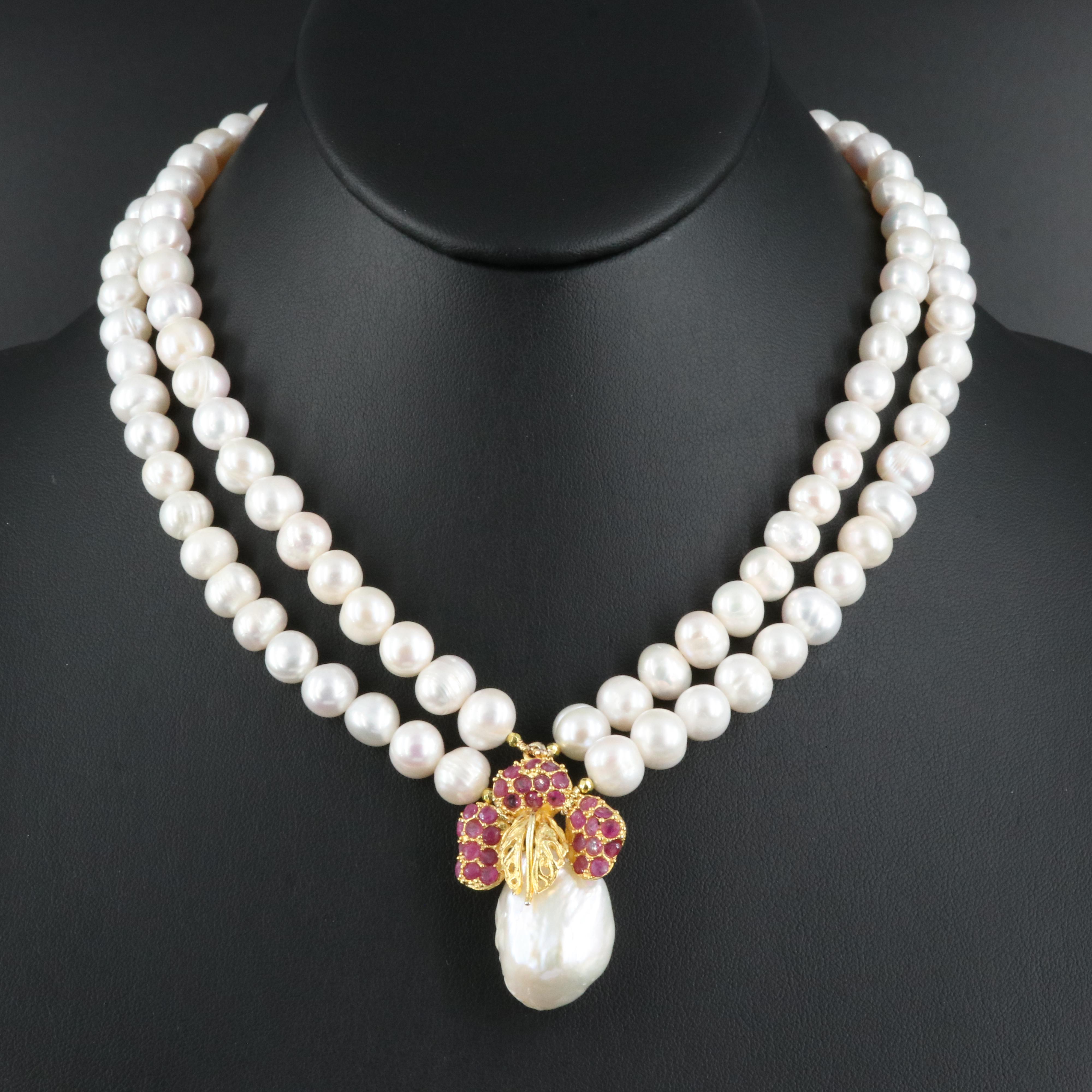 Sterling Pearl and Ruby Necklace