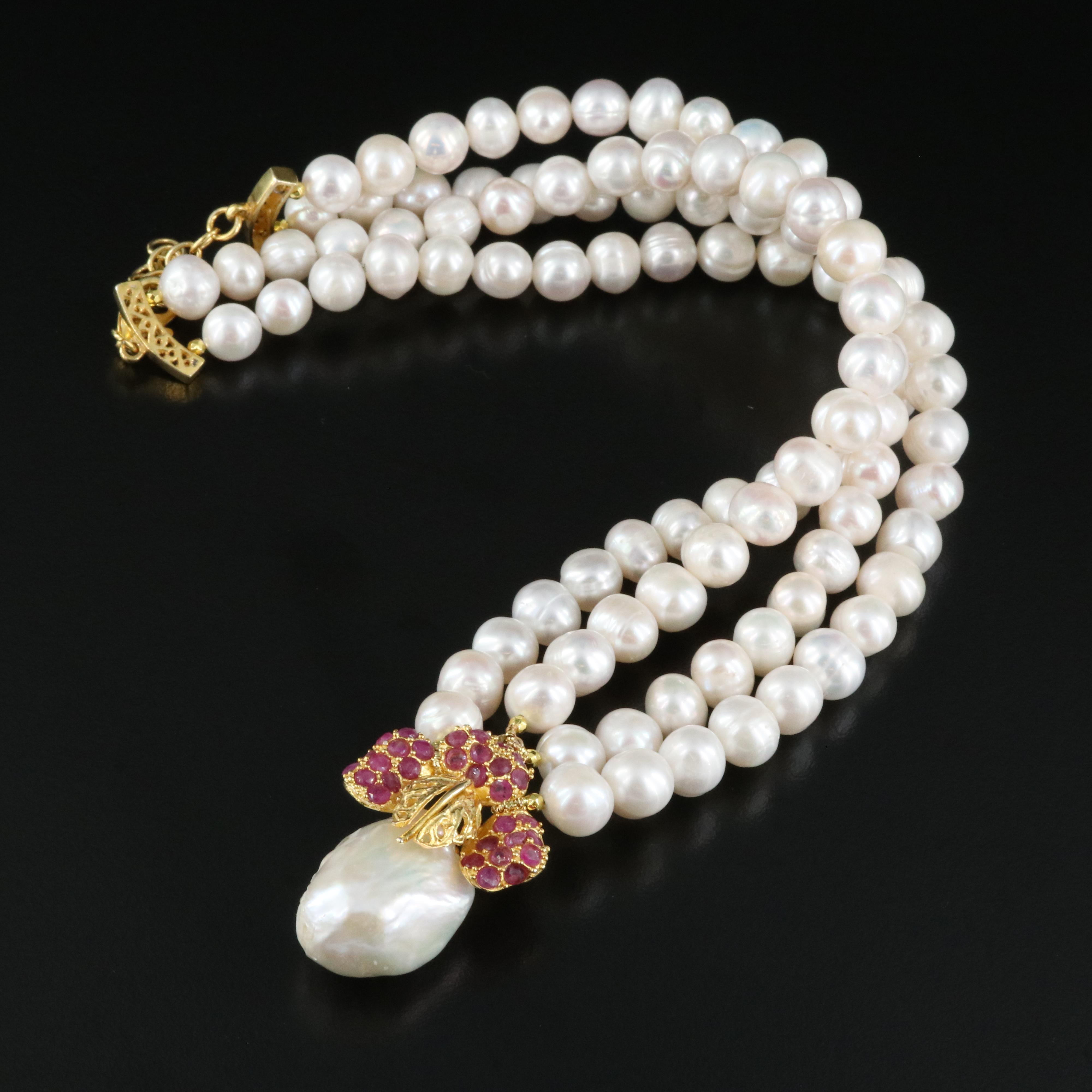 Sterling Pearl and Ruby Necklace