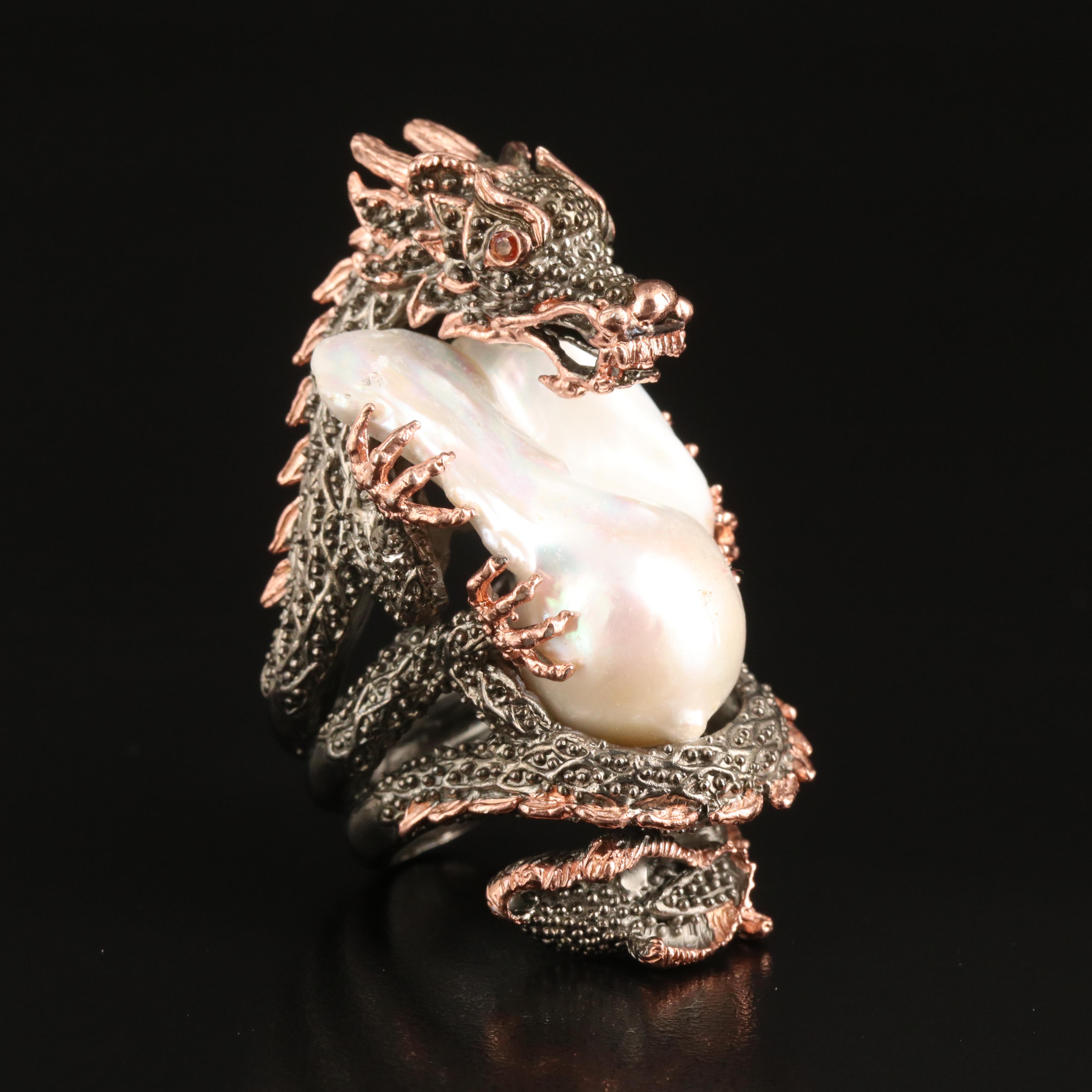 Sterling Pearl and Sapphire Dragon Ring