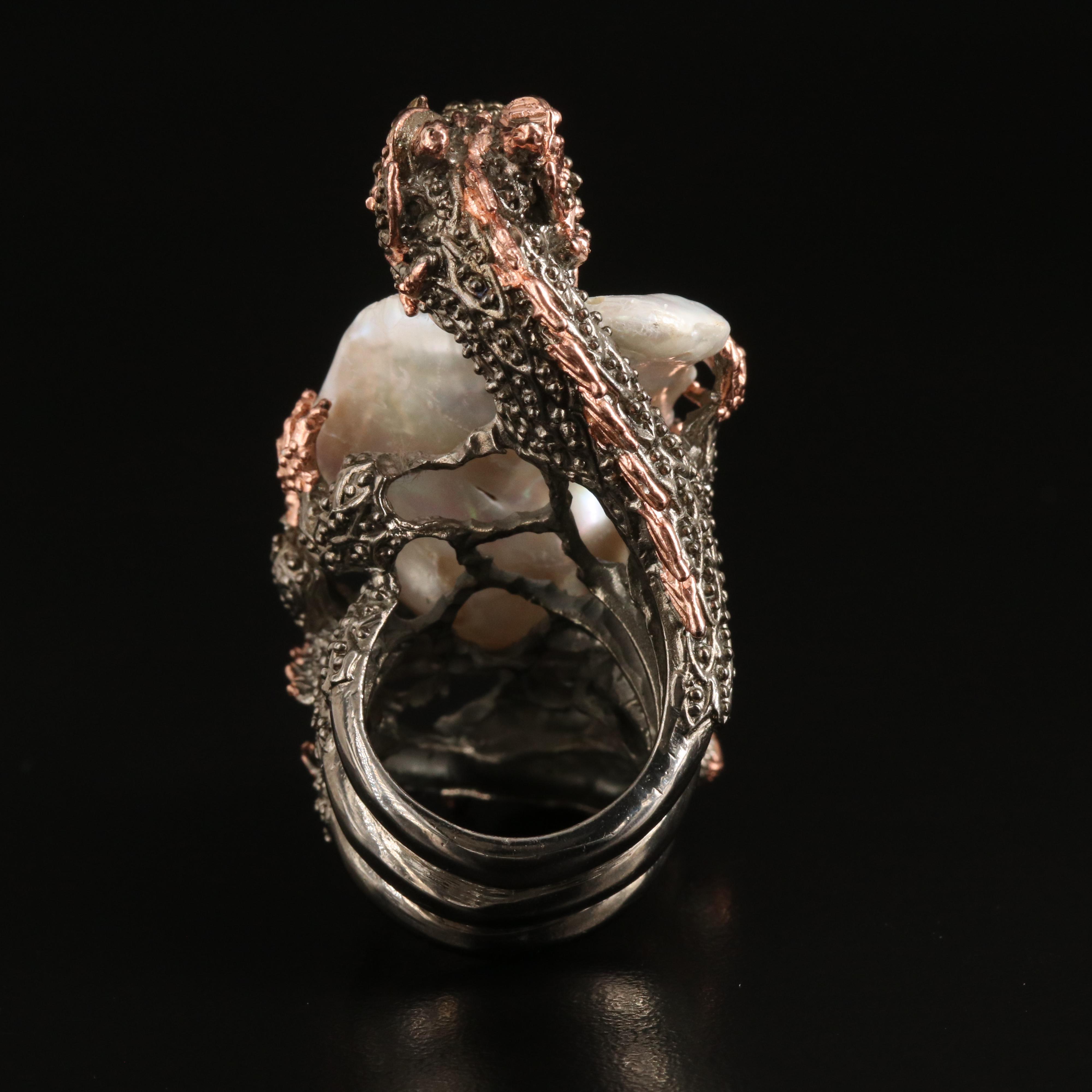 Sterling Pearl and Sapphire Dragon Ring