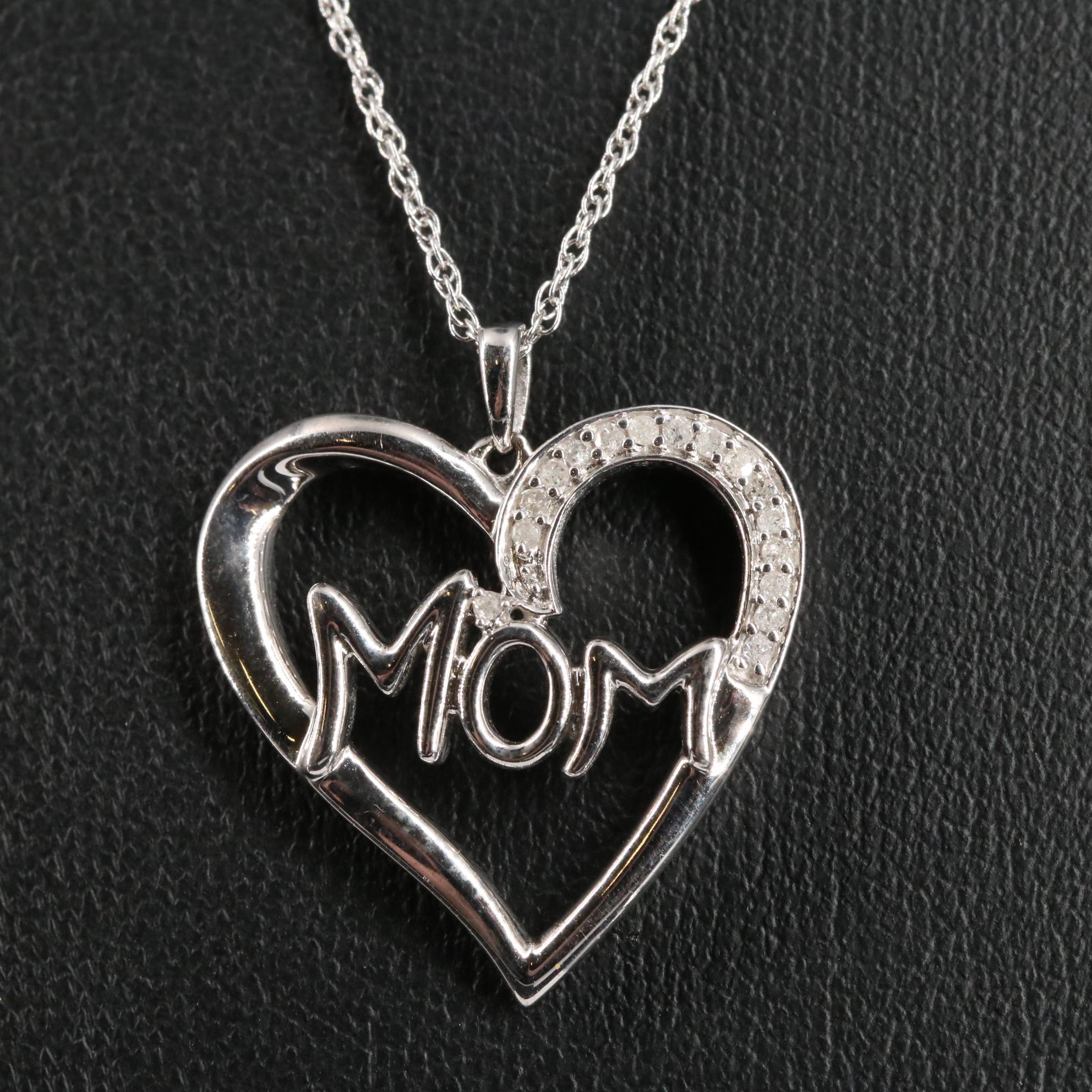 Sterling Diamond "Mom" Heart Pendant Necklace