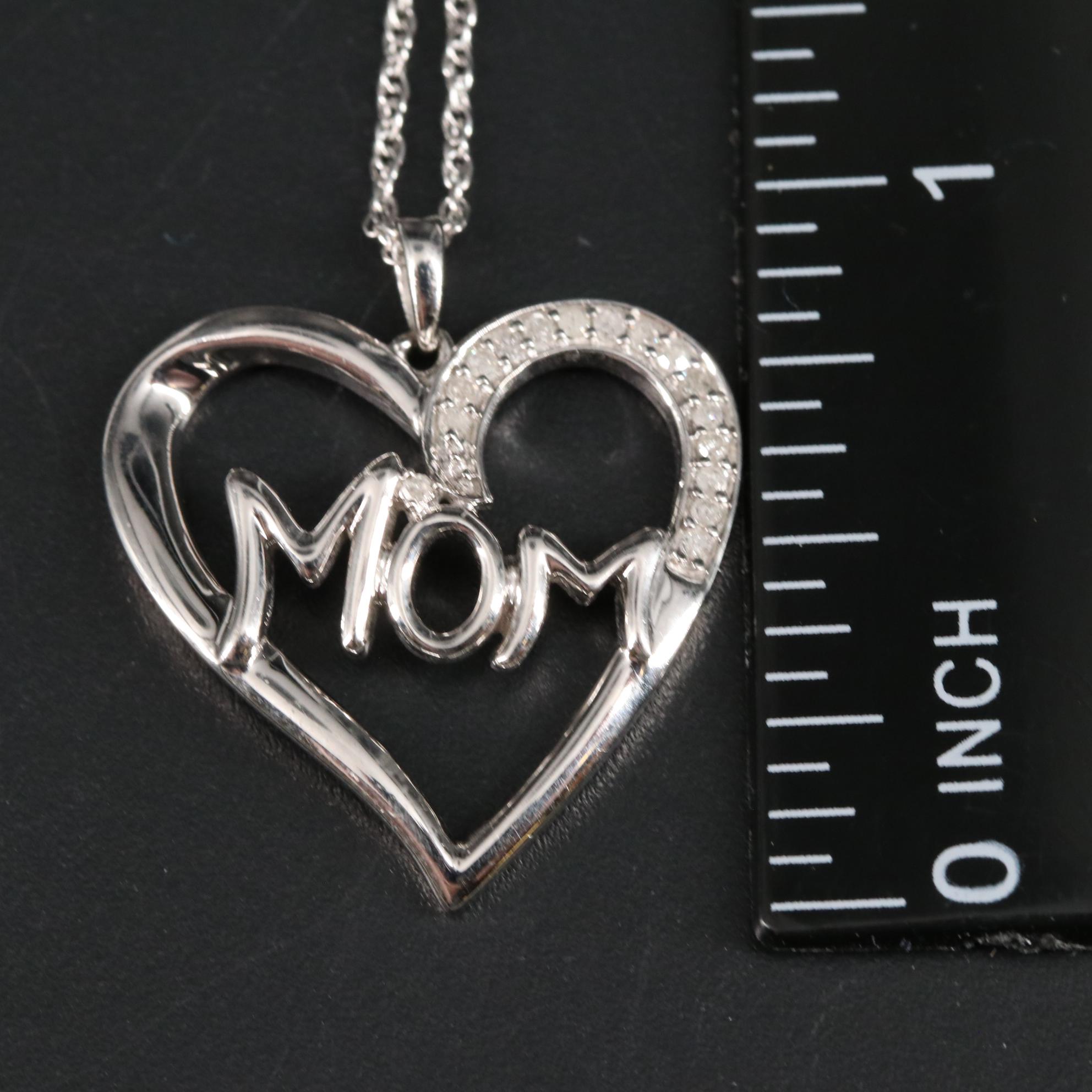 Sterling Diamond "Mom" Heart Pendant Necklace