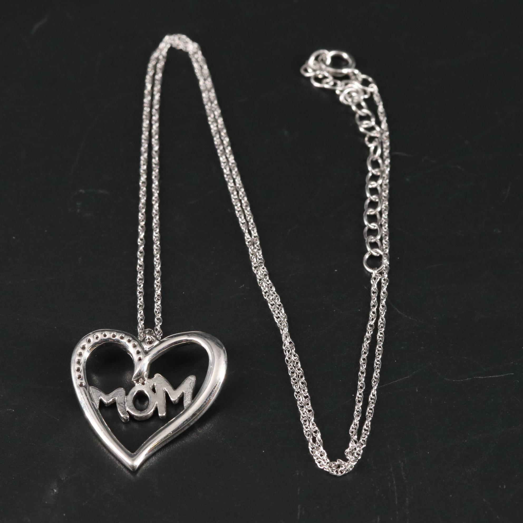 Sterling Diamond "Mom" Heart Pendant Necklace