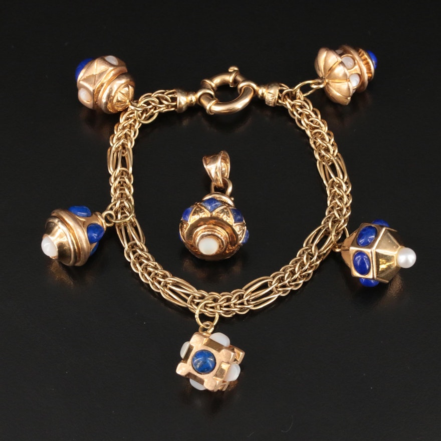 14K Mother-of-Pearl, Lapis Lazuli and Pearl Charm Bracelet and Pendant